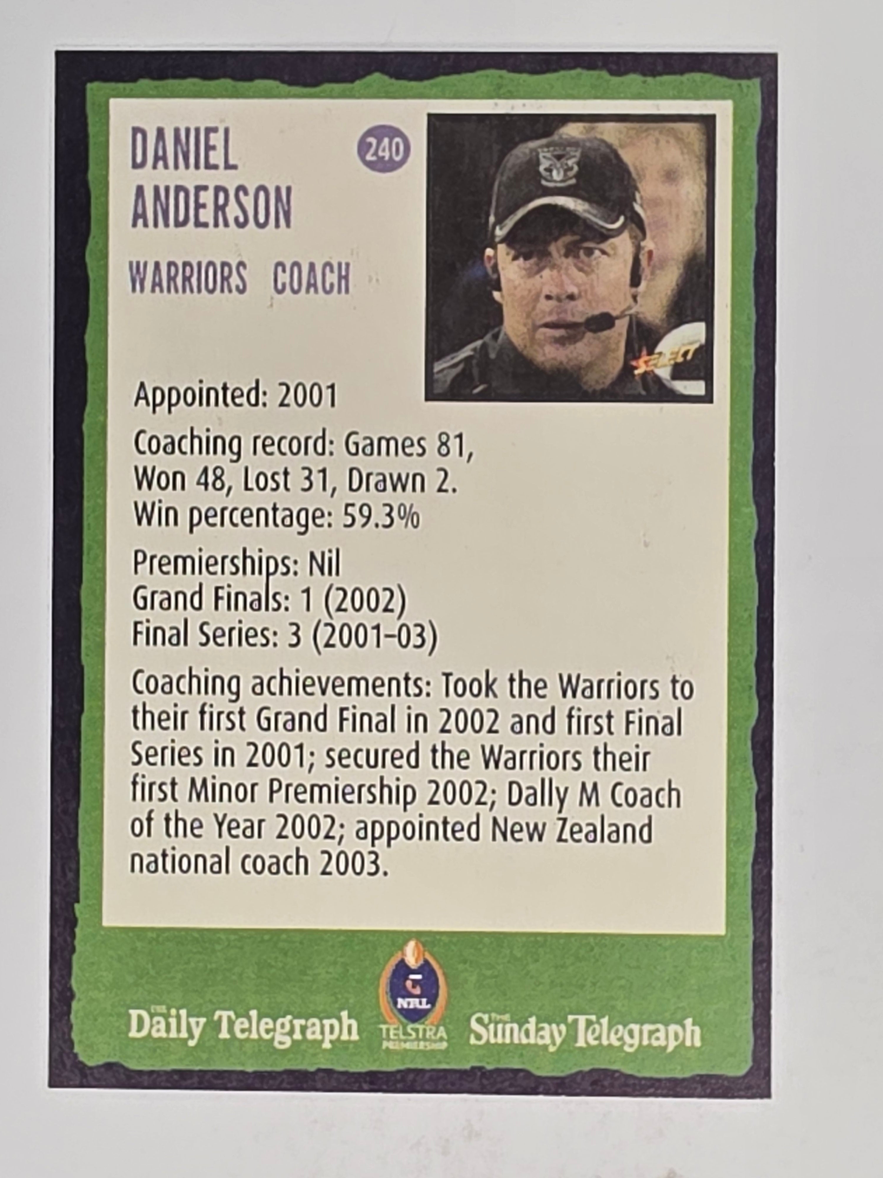 NRL 2004 Daily Telegraph | Base Card #240 | Daniel Anderson | Warriors
