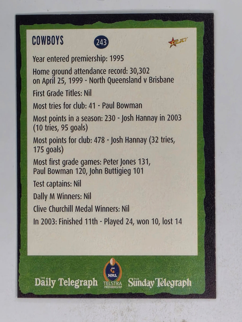 NRL 2004 Daily Telegraph | Base Card #243 | Melanie | Cowboys Cheerleader