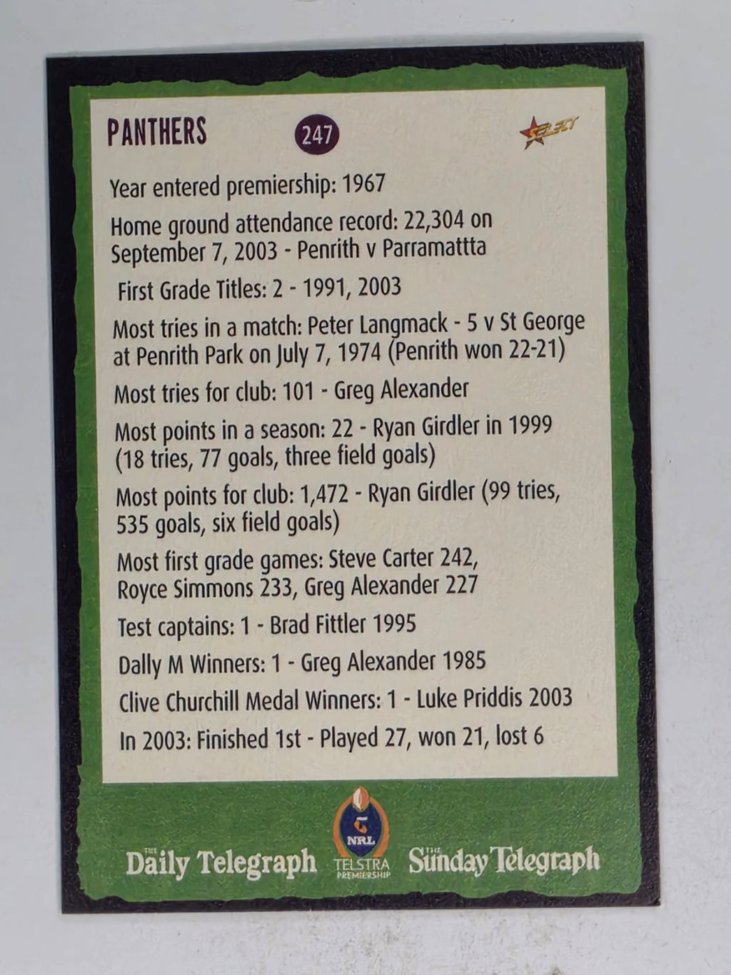 NRL 2004 Daily Telegraph | Base Card #247 | Trista | Panthers Cheerleader