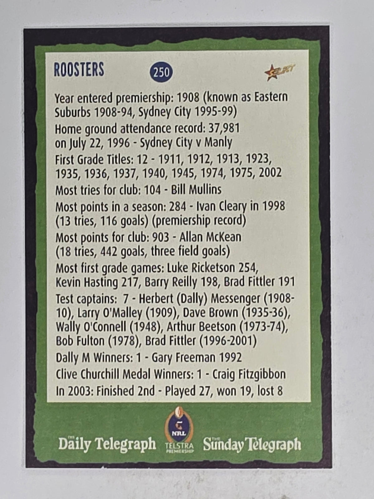 NRL 2004 Daily Telegraph | Base Card #250 | Emma | Roosters Cheerleader