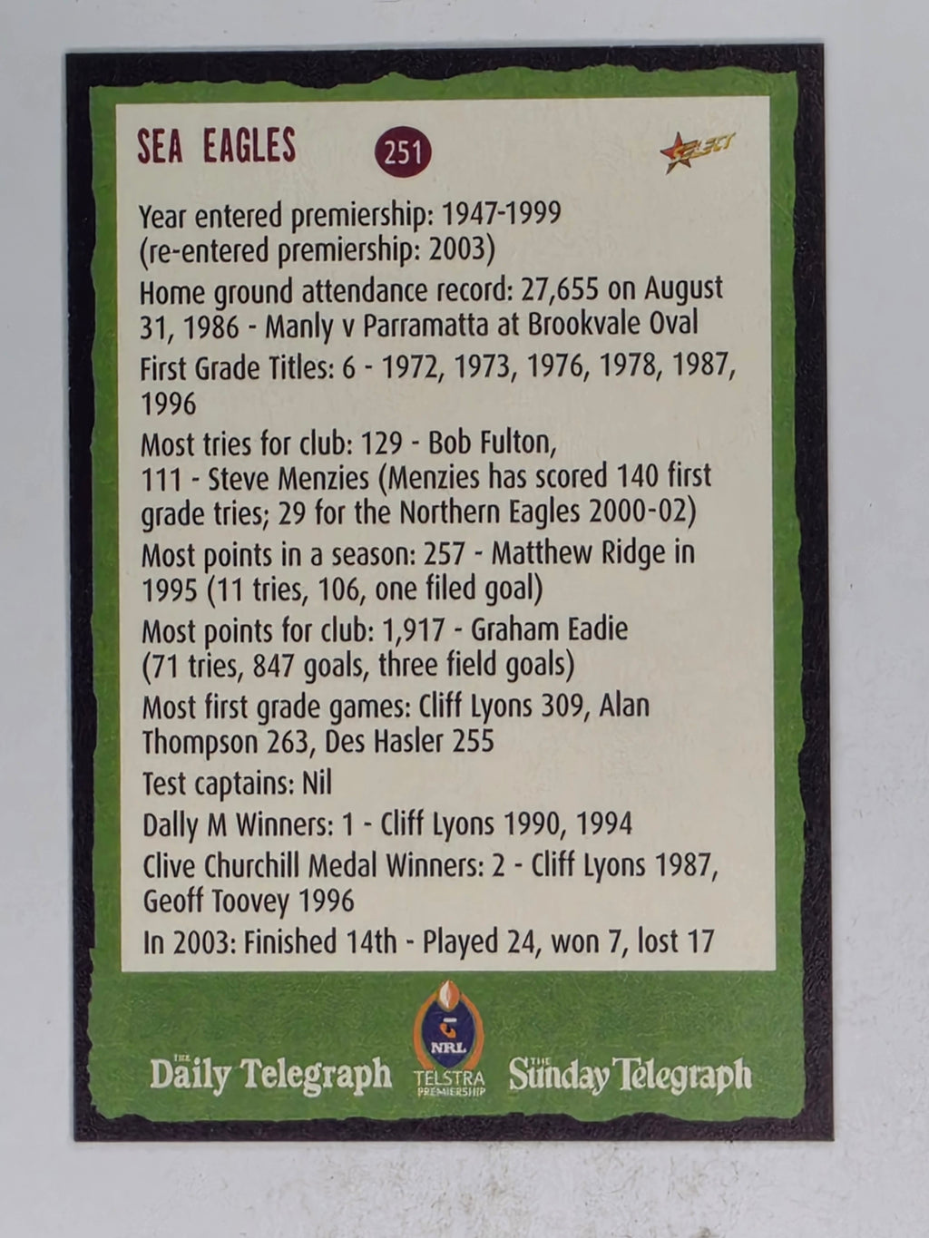 NRL 2004 Daily Telegraph | Base Card #251 | Erin | Sea Eagles Cheerleader