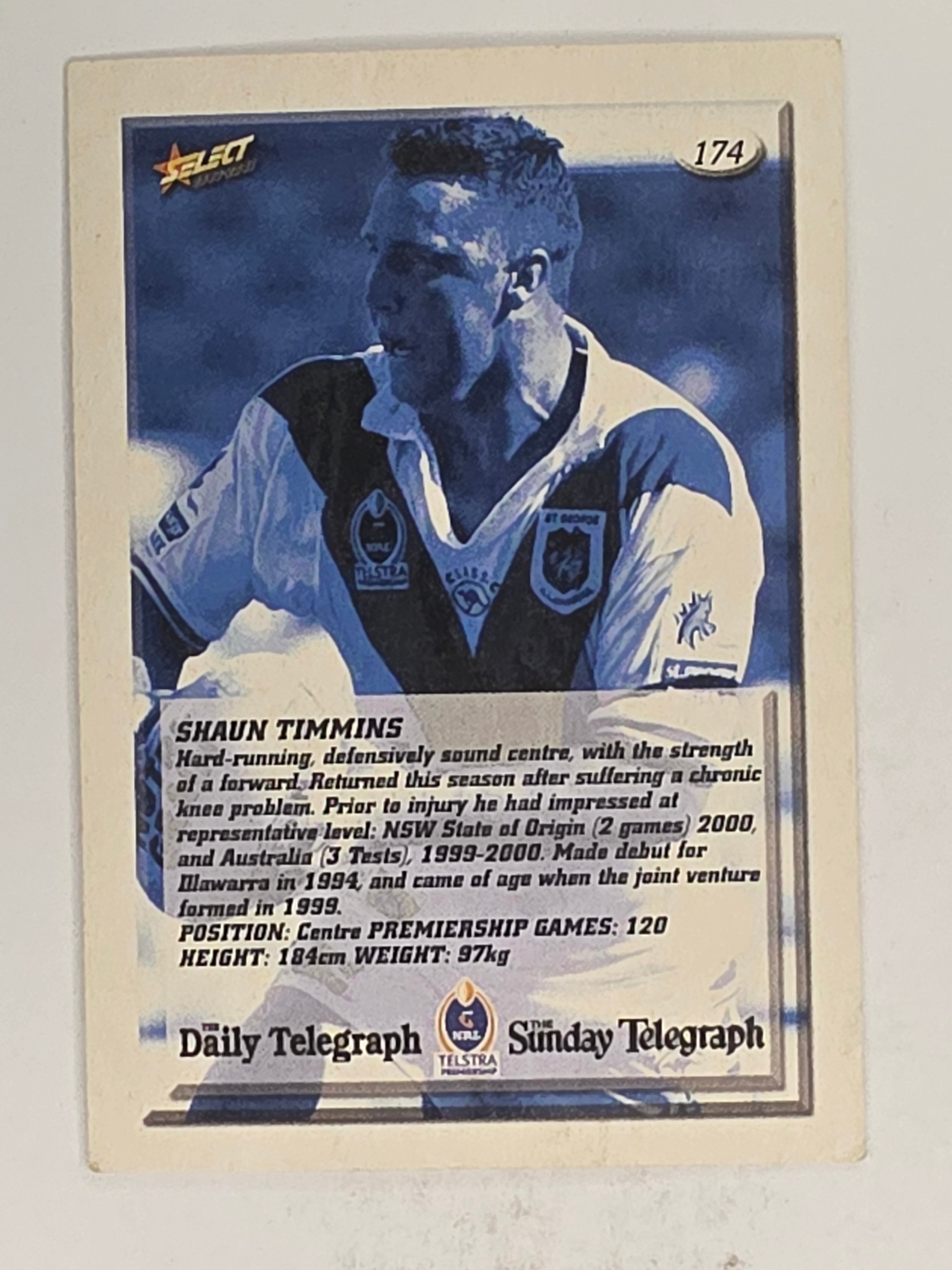 NRL 2002 Daily Telegraph | #174 Shaun Timmins | St George Dragons