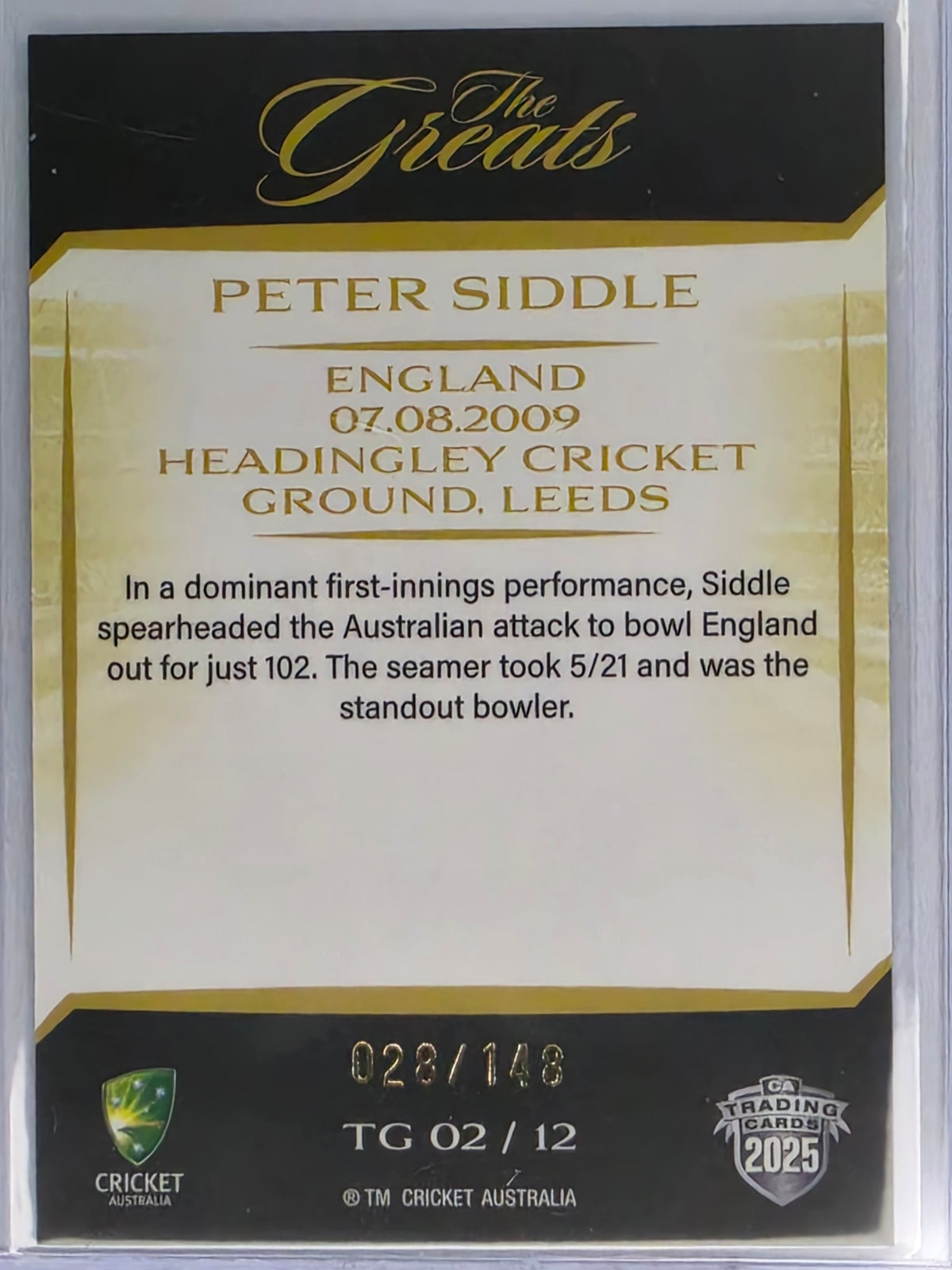 2025/26 Cricket Traders | The Greats Peter Siddle | #TG02 | #028/148 | 07.08.2009