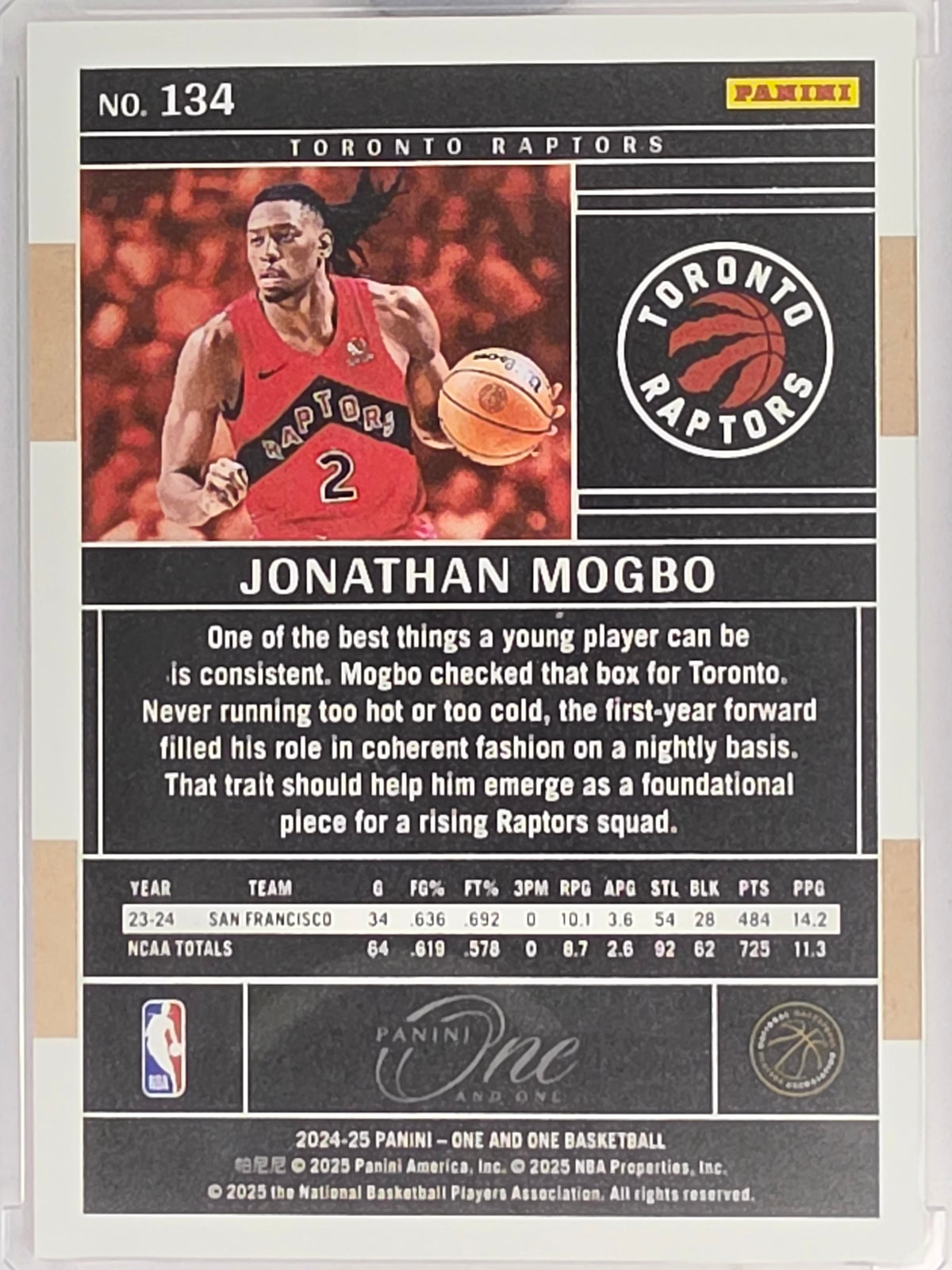 2024-25 Panini One and One | Orange Parallel RC Jonathan Mogbo #44/49 Toronto Raptors