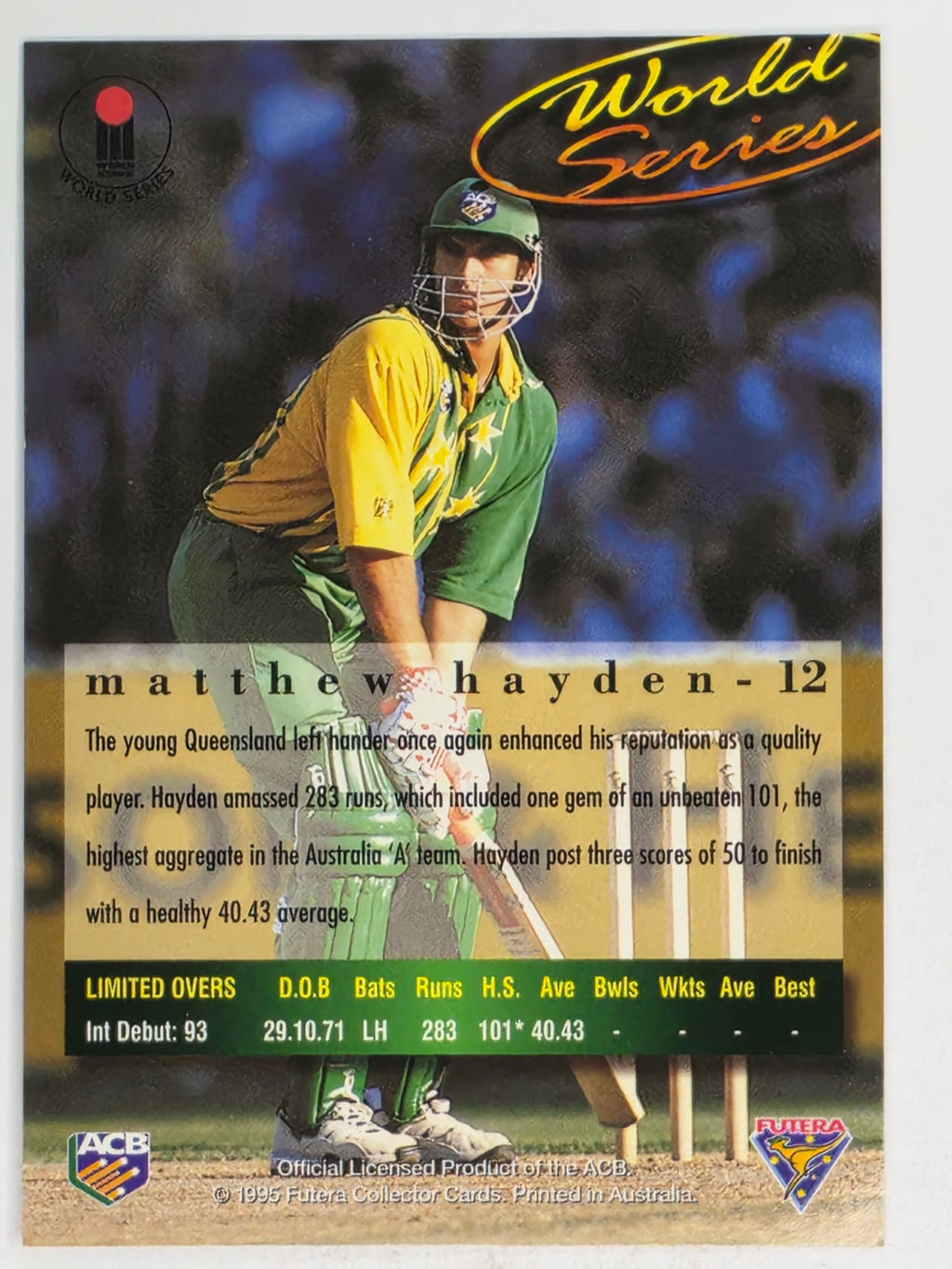 1995-96 Futera Cricket | #012 Matthew Hayden | Australian Men