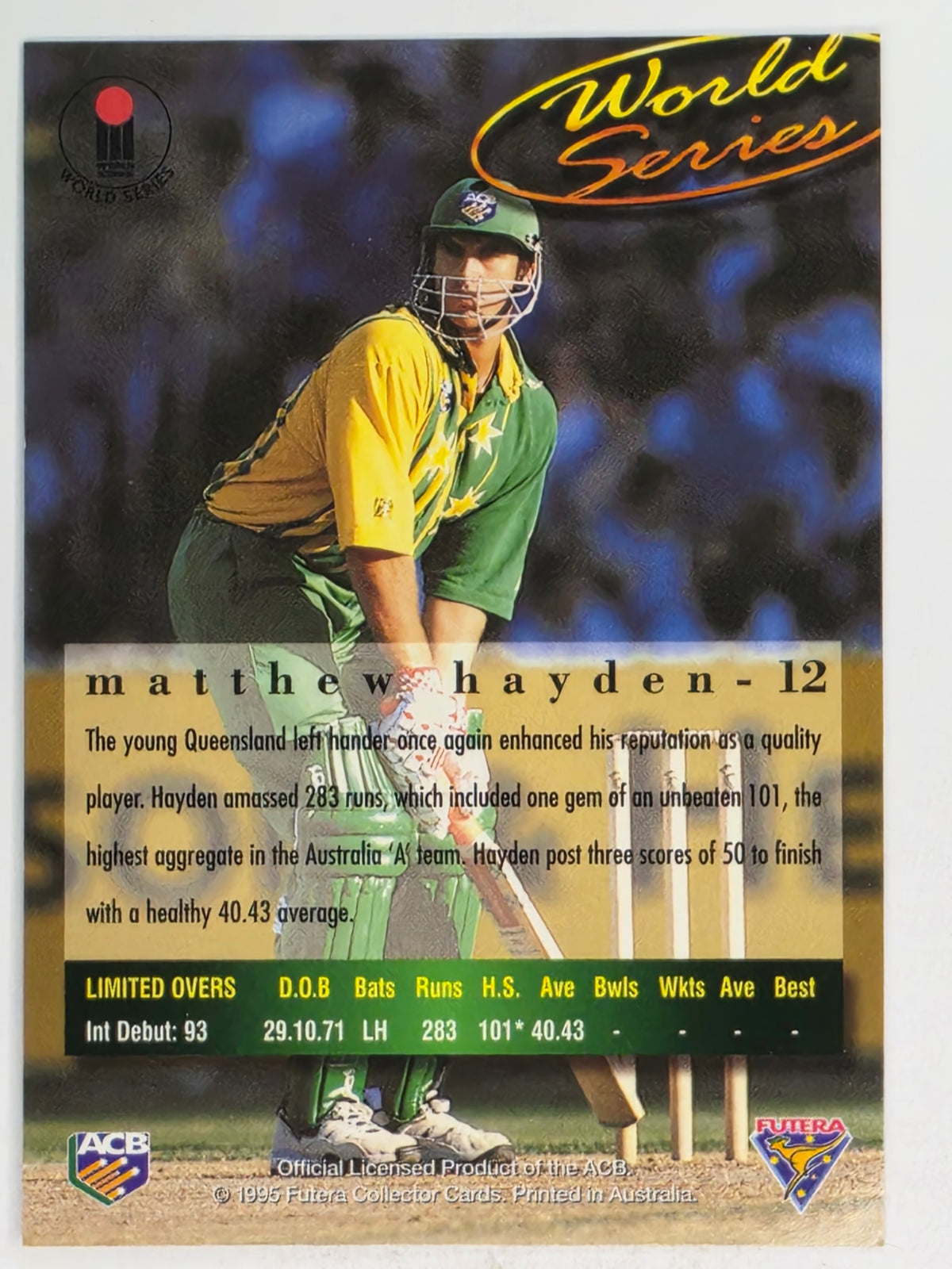 1995-96 Futera Cricket | #012 Matthew Hayden | Australian Men