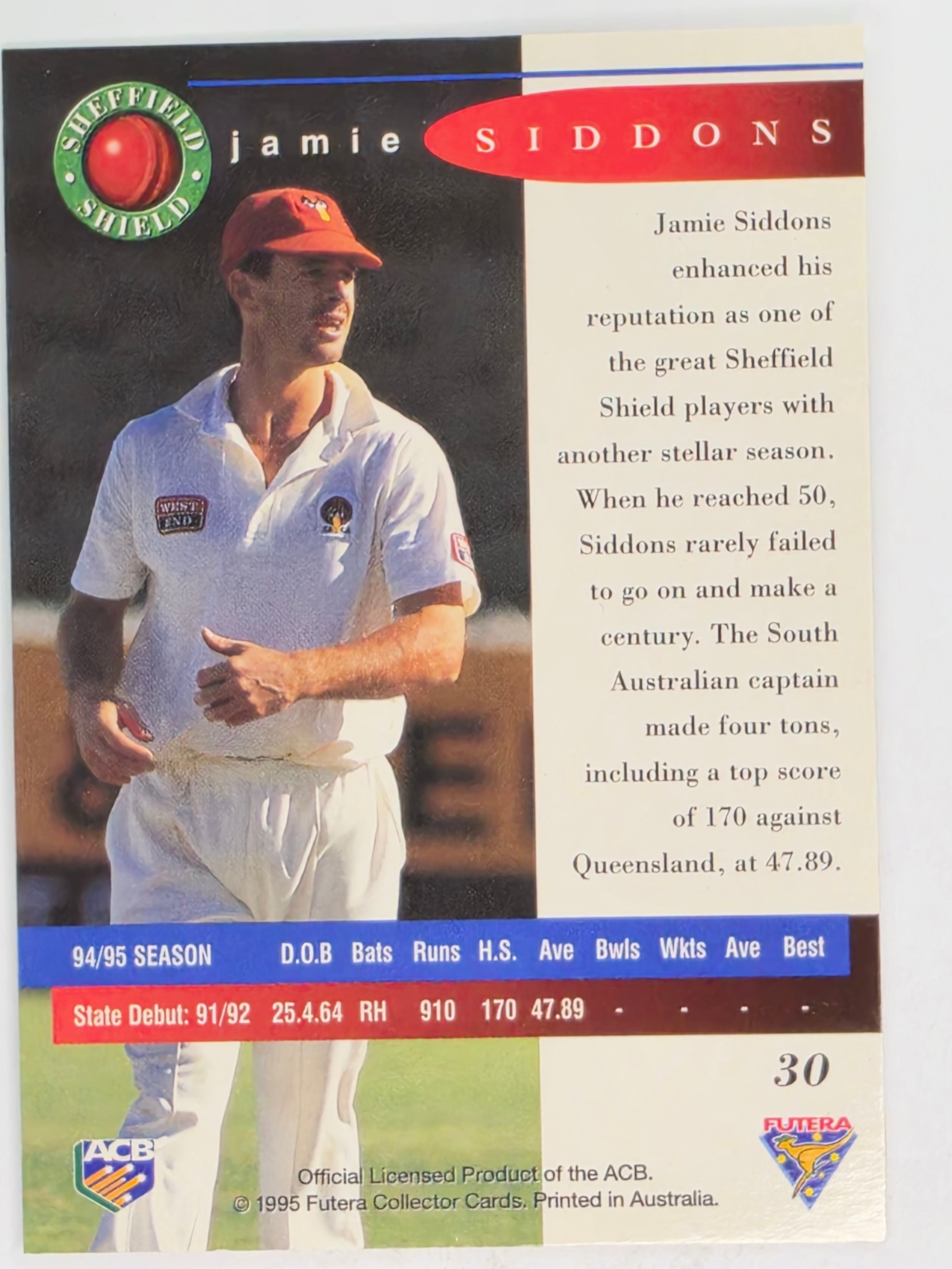 1995-96 Futera Cricket | #030 Jamie Siddons | South Australia Redbacks
