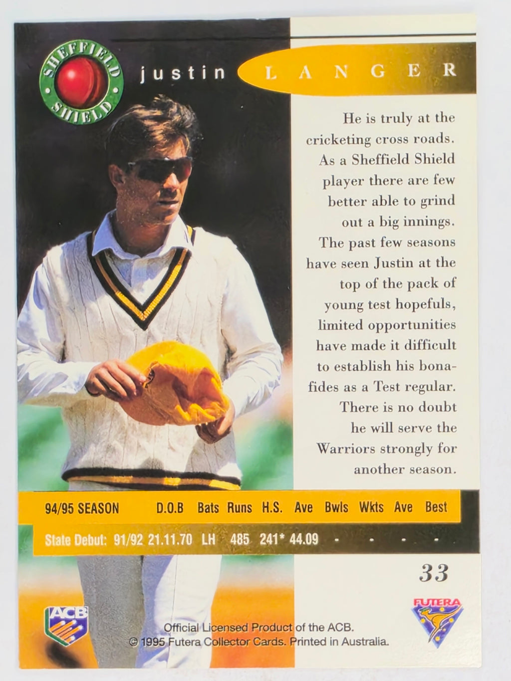 1995-96 Futera Cricket | #033 Justin Langer | Western Warriors