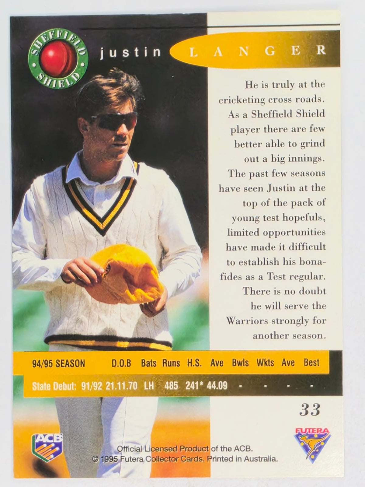 1995-96 Futera Cricket | #033 Justin Langer | Western Warriors