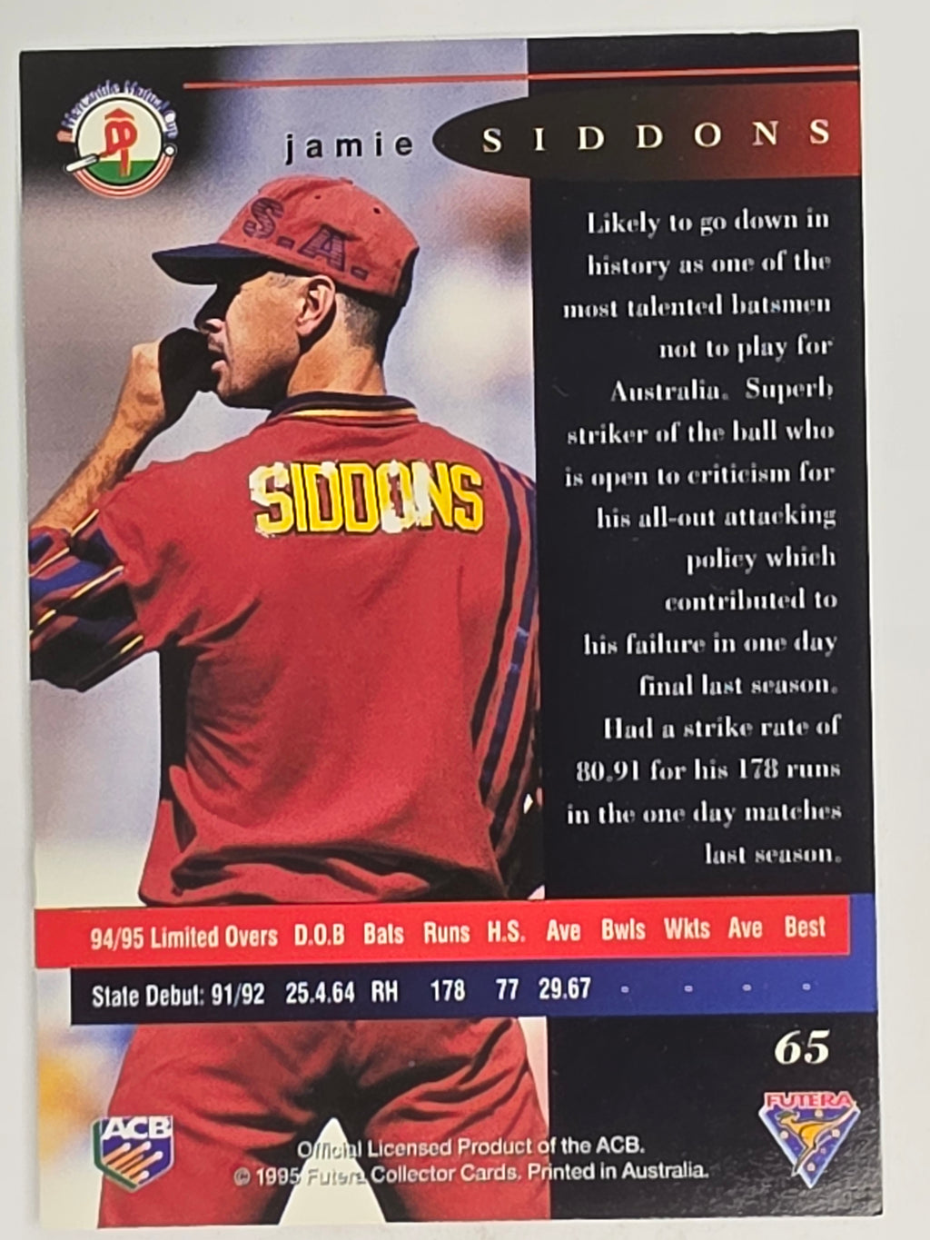 1995-96 Futera Cricket | #065 Jamie Siddons | South Australia Redbacks