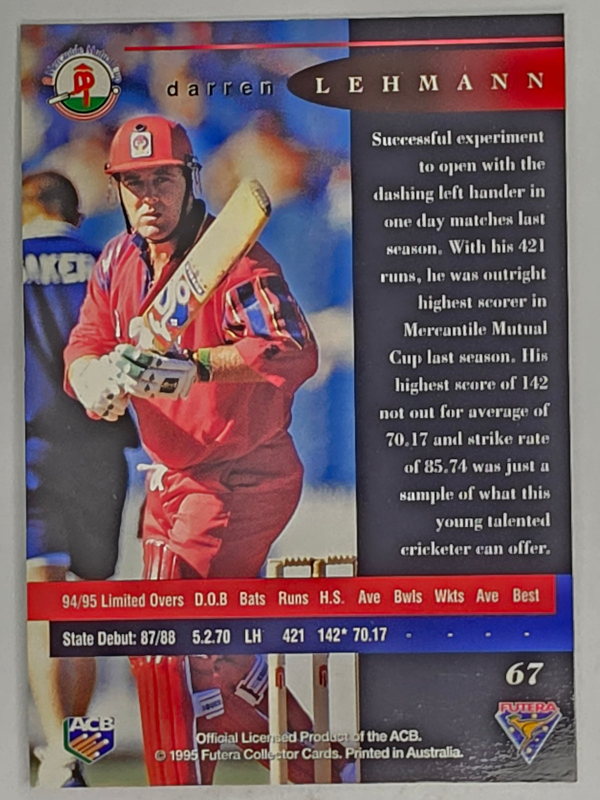 1995-96 Futera Cricket | #067 Darren Lehmann | South Australia Redbacks
