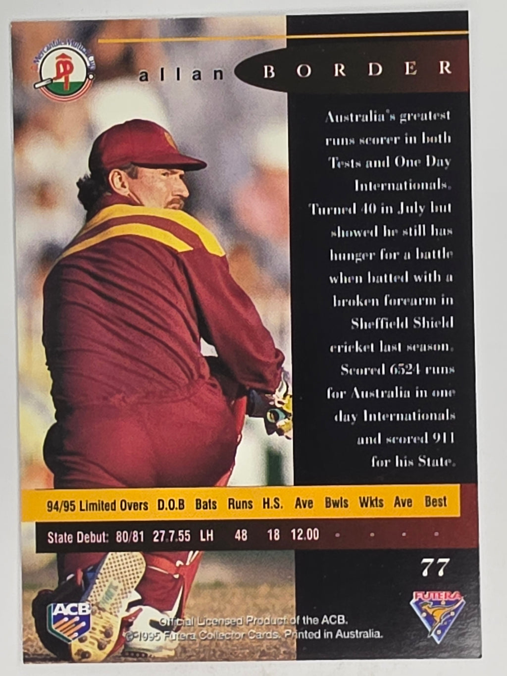 1995-96 Futera Cricket | #077 Allan Border | Queensland Bulls