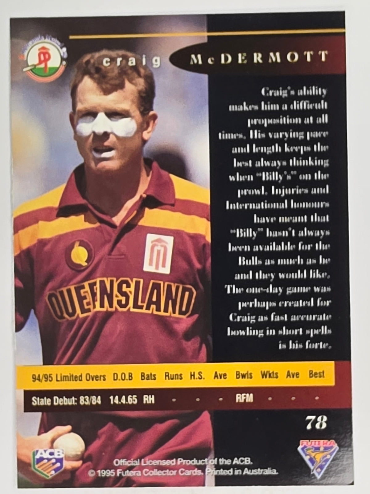 1995-96 Futera Cricket | #078 Craig McDermott | Queensland Bulls