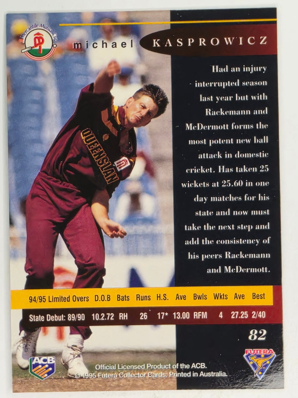 1995-96 Futera Cricket | #082 Michael Kasprowicz | Queensland Bulls