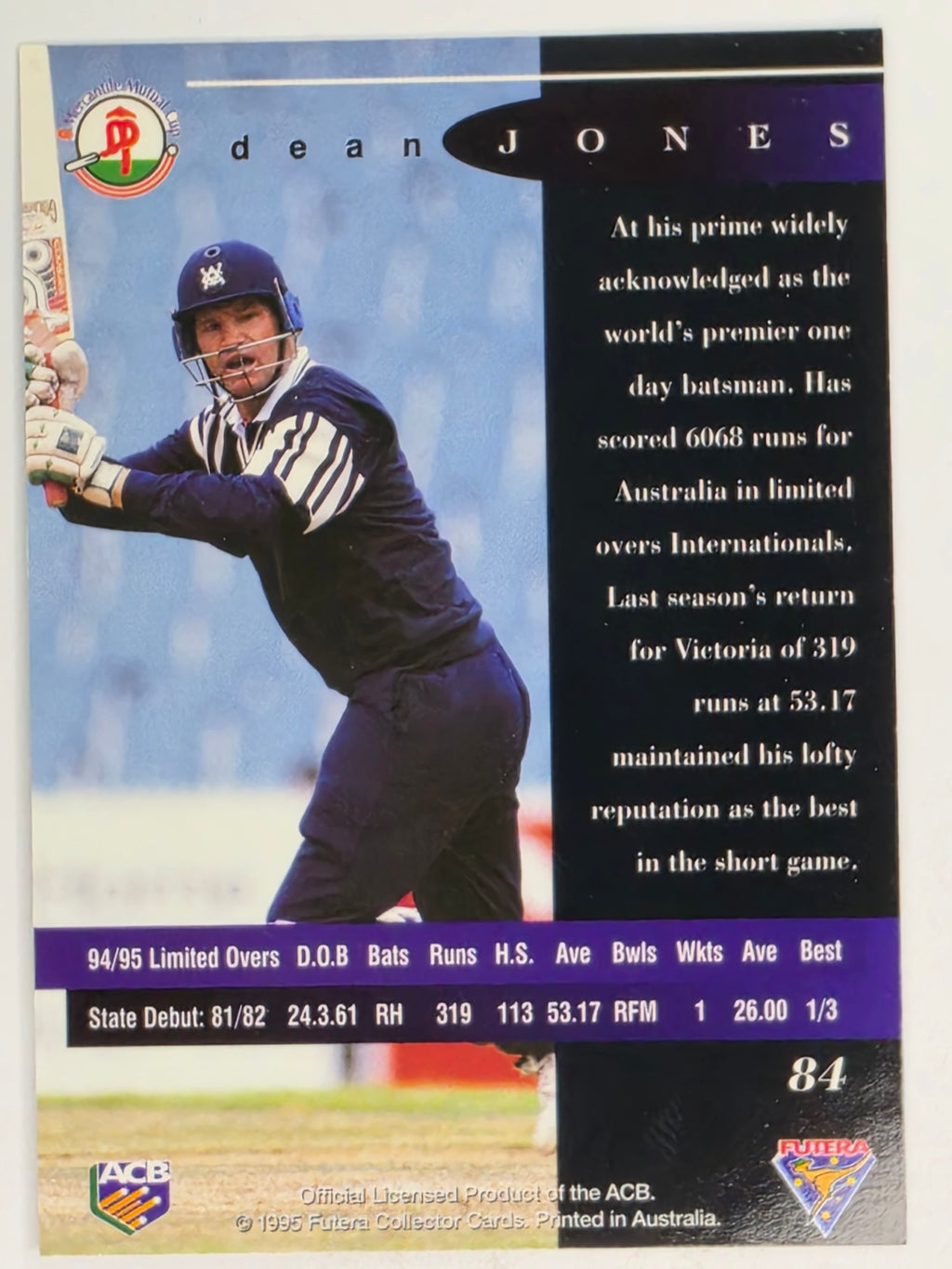1995-96 Futera Cricket | #084 Dean Jones | Victorian Bushrangers