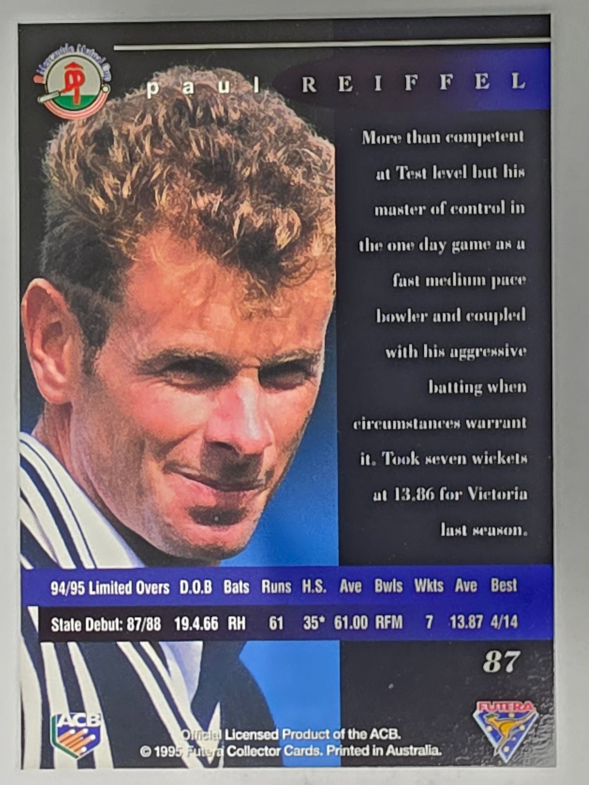 1995-96 Futera Cricket | #087 Paul Reiffel | Victorian Bushrangers