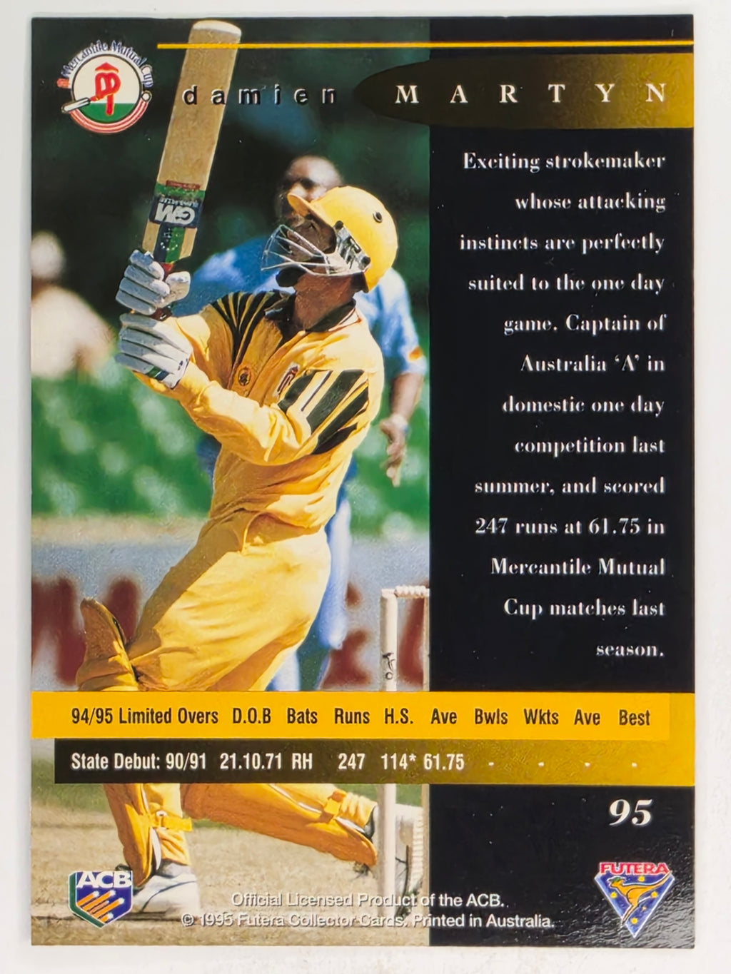 1995-96 Futera Cricket | #095 Damien Martyn | Western Warriors