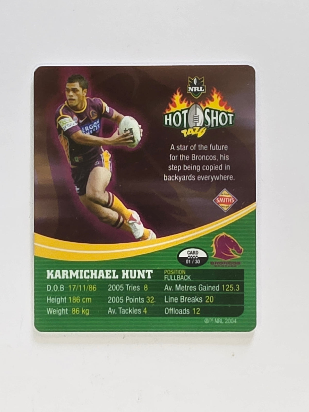 NRL 2006 Hot Shot Classic Tazos | #001 Karmichael Hunt | Brisbane Broncos