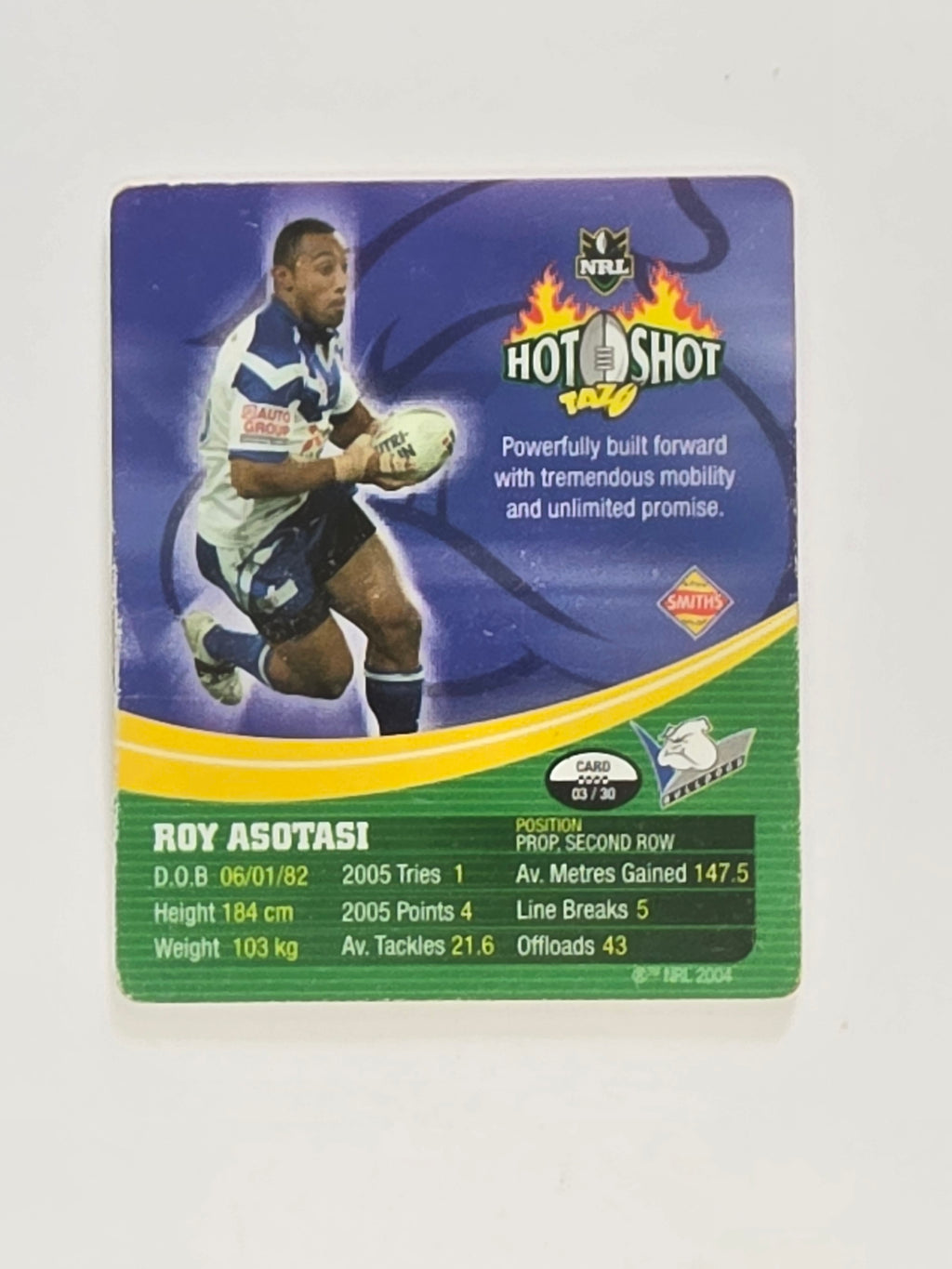 NRL 2006 Hot Shot Classic Tazos | #003 Roy Asotasi | Canterbury Bankstown Bulldogs