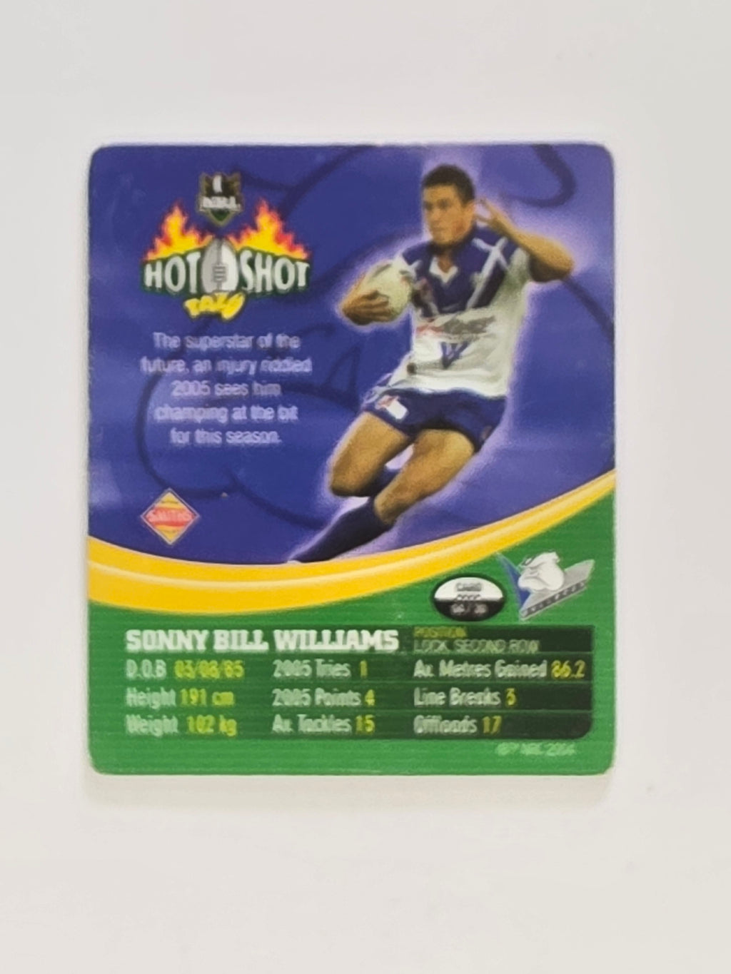 NRL 2006 Hot Shot Classic Tazos | #004 Sonny Bill Williams | Canterbury Bankstown Bulldogs