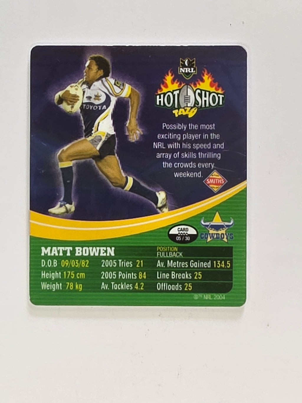 NRL 2006 Hot Shot Classic Tazos | #005 Matt Bowen | North Queensland Cowboys