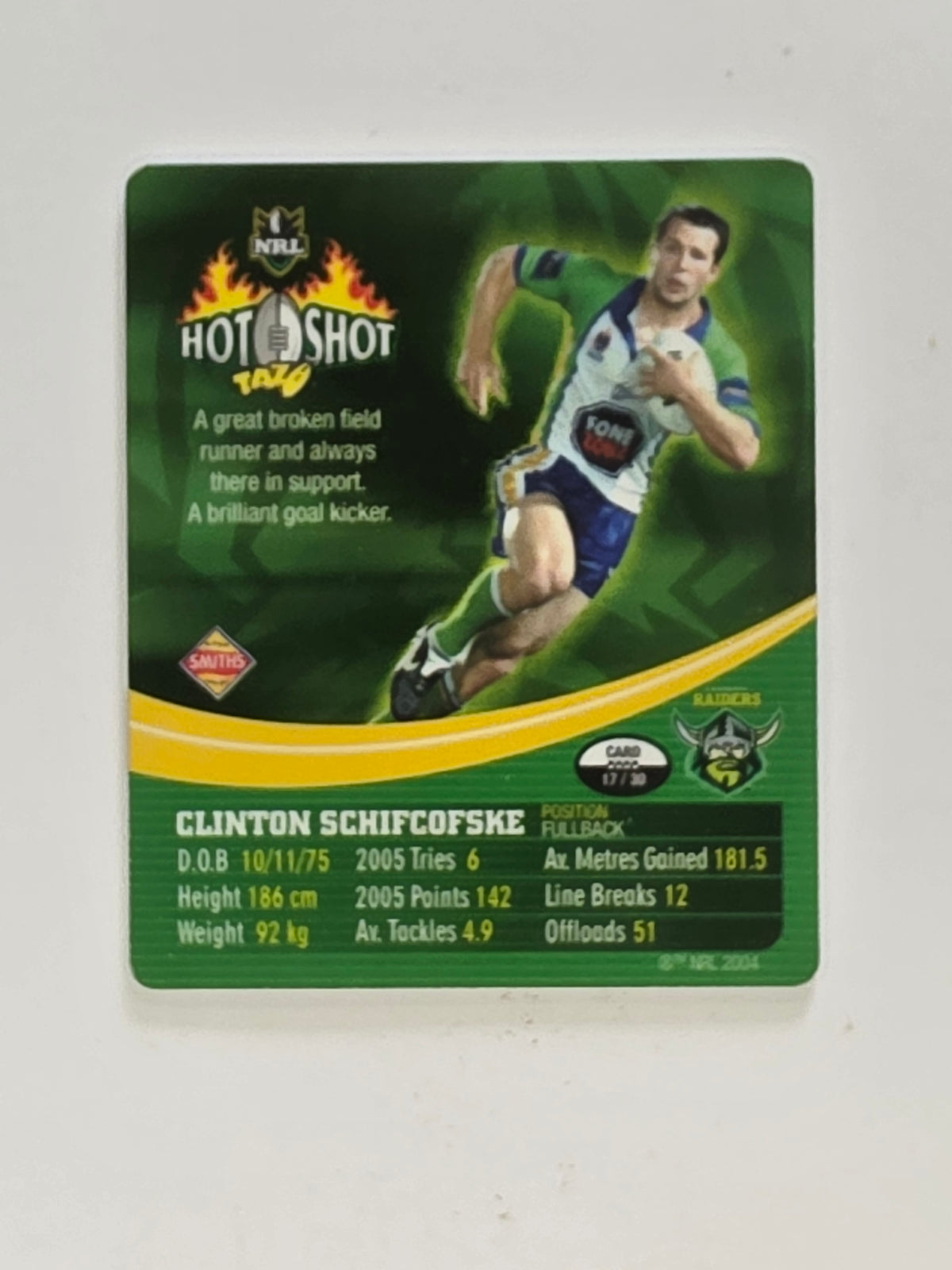 NRL 2006 Hot Shot Classic Tazos | #017 Clinton Schifcofske | Canberra Raiders