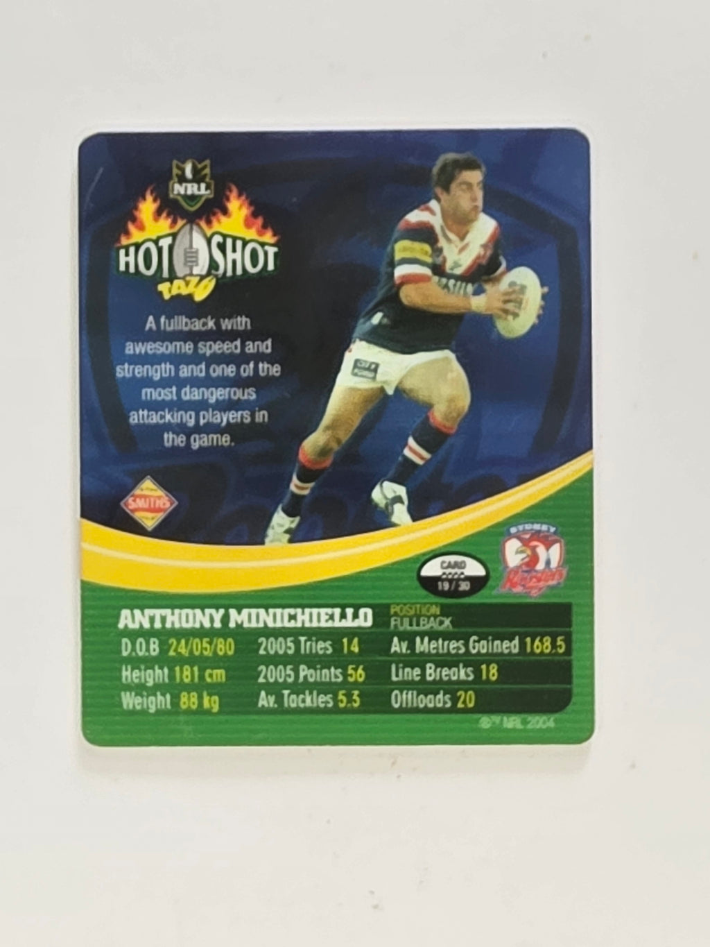 NRL 2006 Hot Shot Classic Tazos | #019 Anthony Minichiello | Sydney Roosters