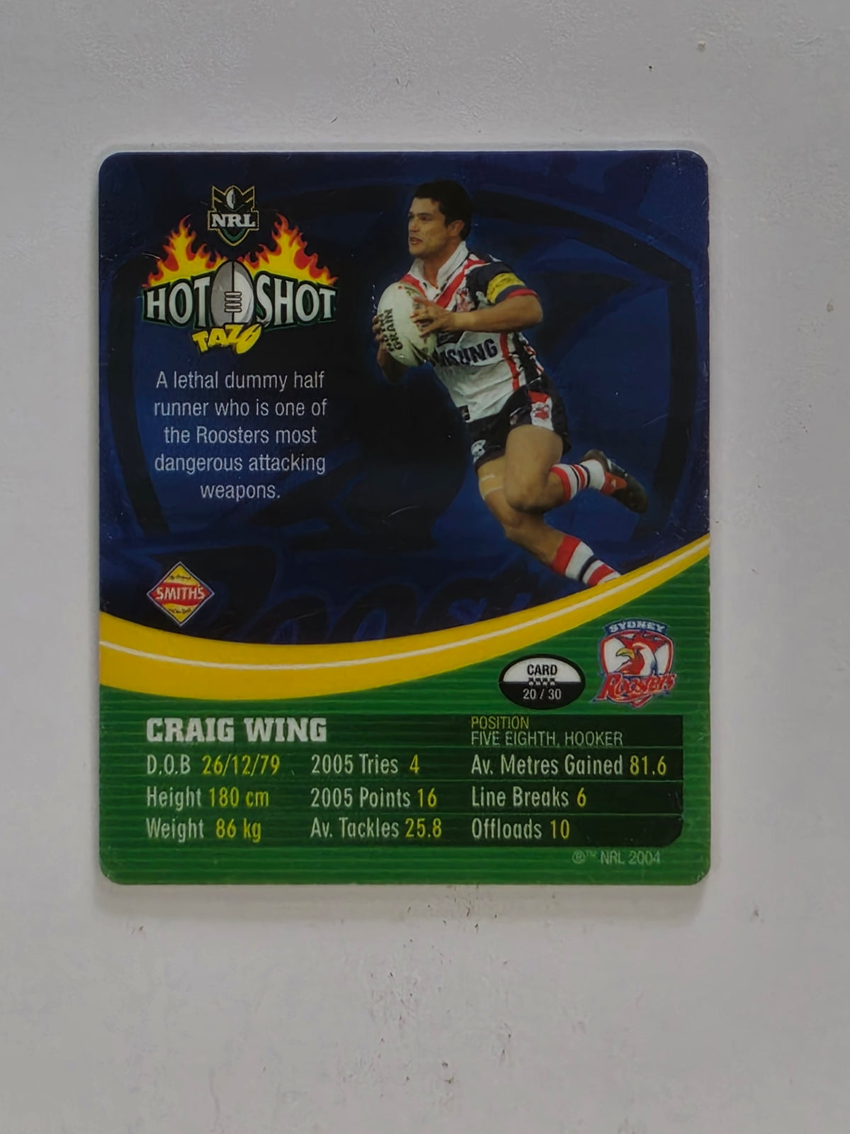 NRL 2006 Hot Shot Classic Tazos | #020 Craig Wing | Sydney Roosters