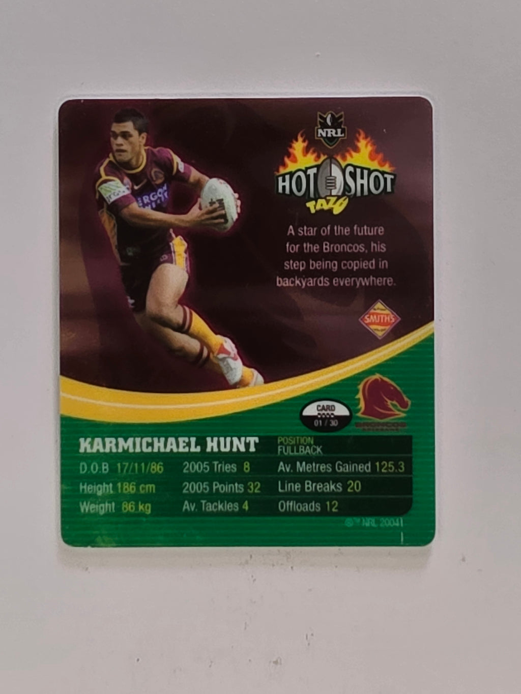 NRL 2006 Hot Shot Hologram Tazos | #001 Karmichael Hunt | Brisbane Broncos