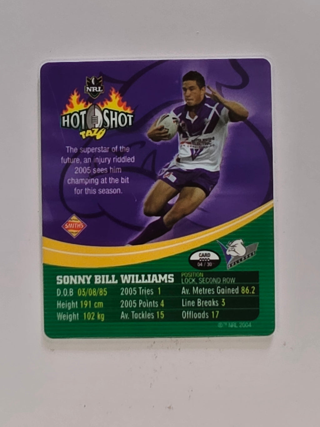 NRL 2006 Hot Shot Hologram Tazos | #004 Sonny Bill Williams | Canterbury Bankstown Bulldogs