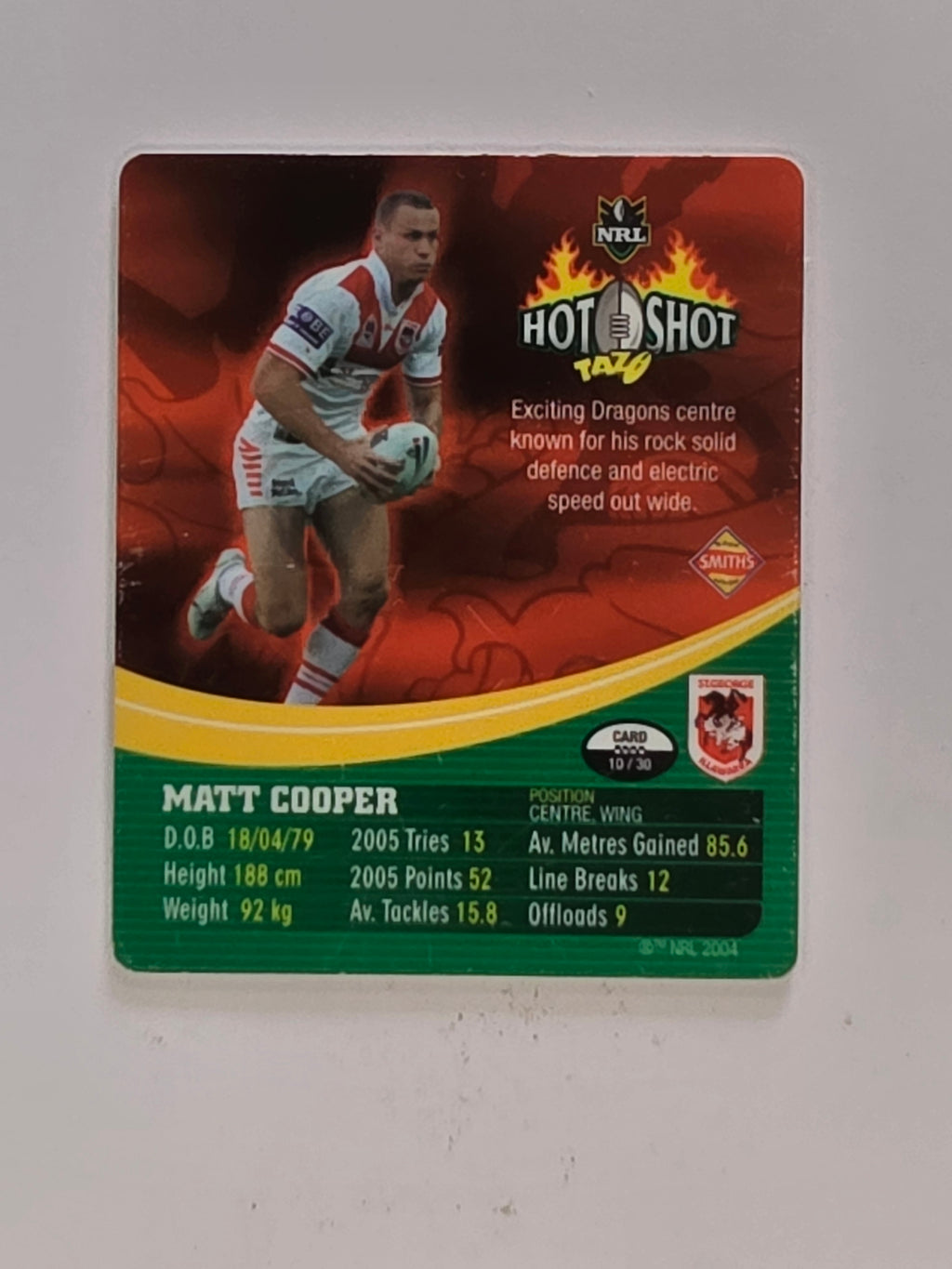 NRL 2006 Hot Shot Hologram Tazos | #010 Matt Cooper | St George Illawarra Dragons