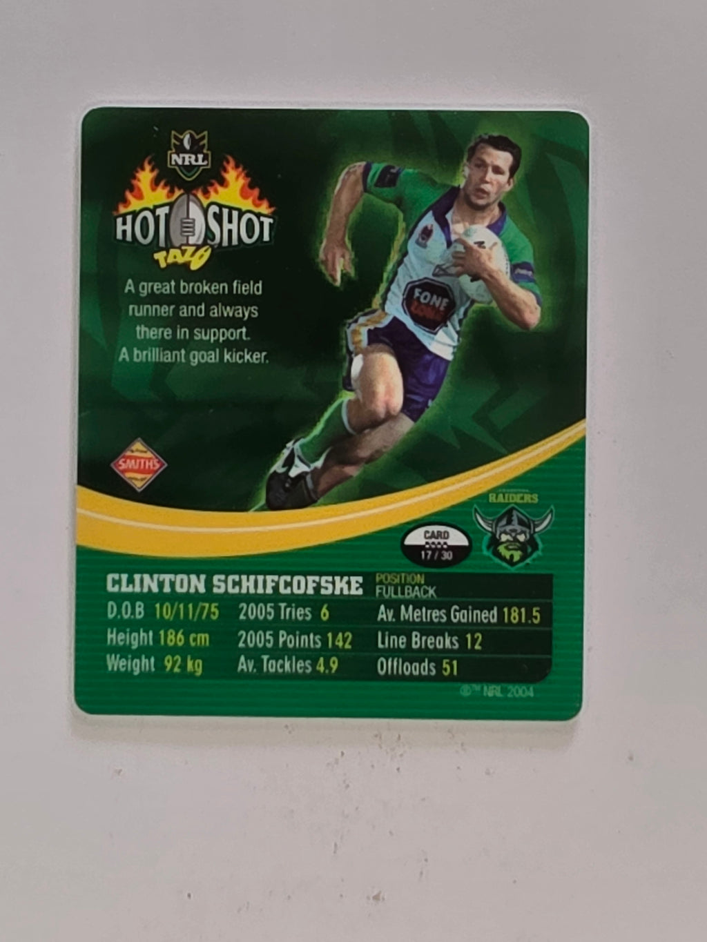 NRL 2006 Hot Shot Hologram Tazos | #017 Clinton Schifcofske | Canberra Raiders