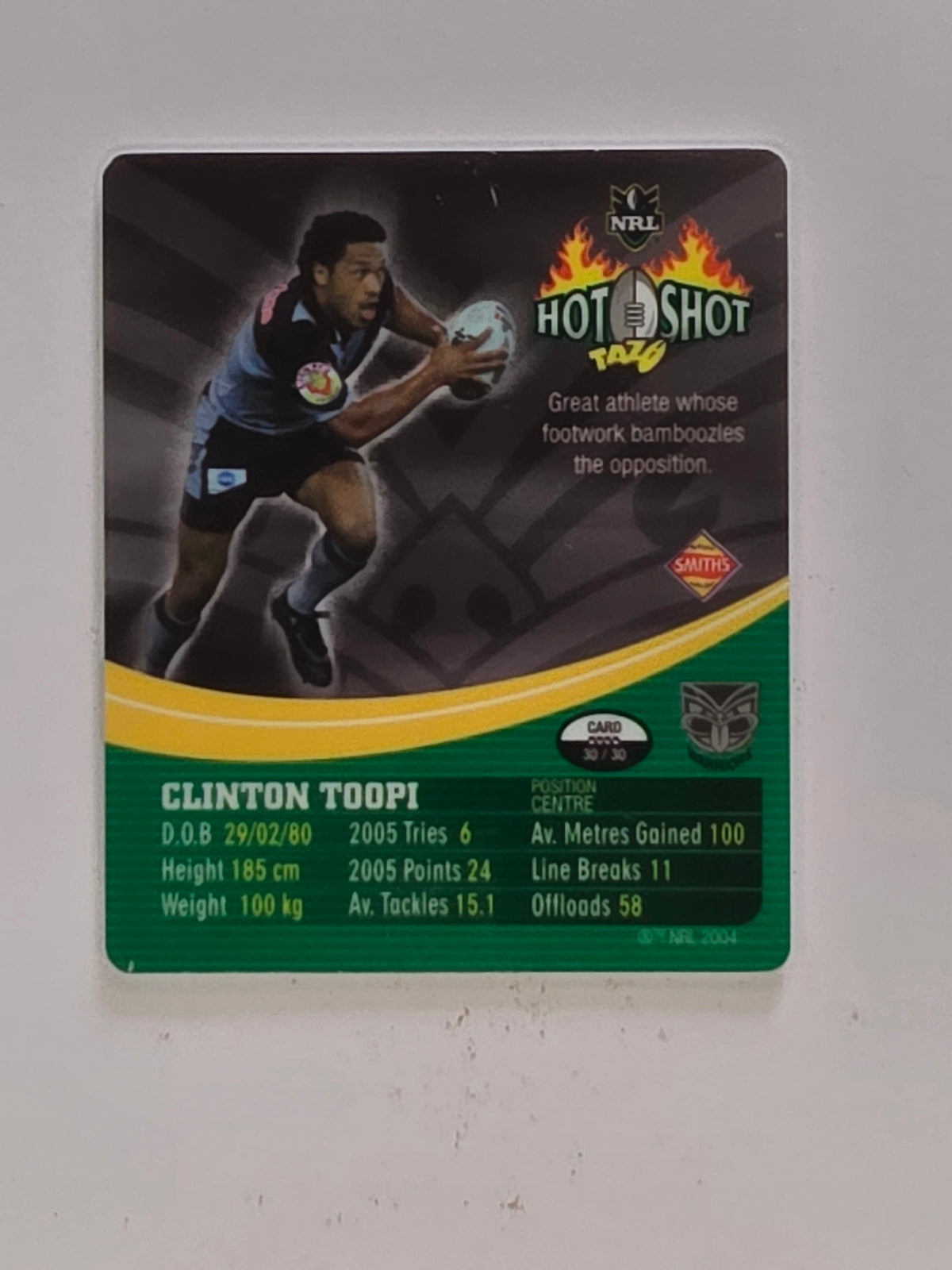 NRL 2006 Hot Shot Hologram Tazos | #030 Clinton Toopi | New Zealand Warriors