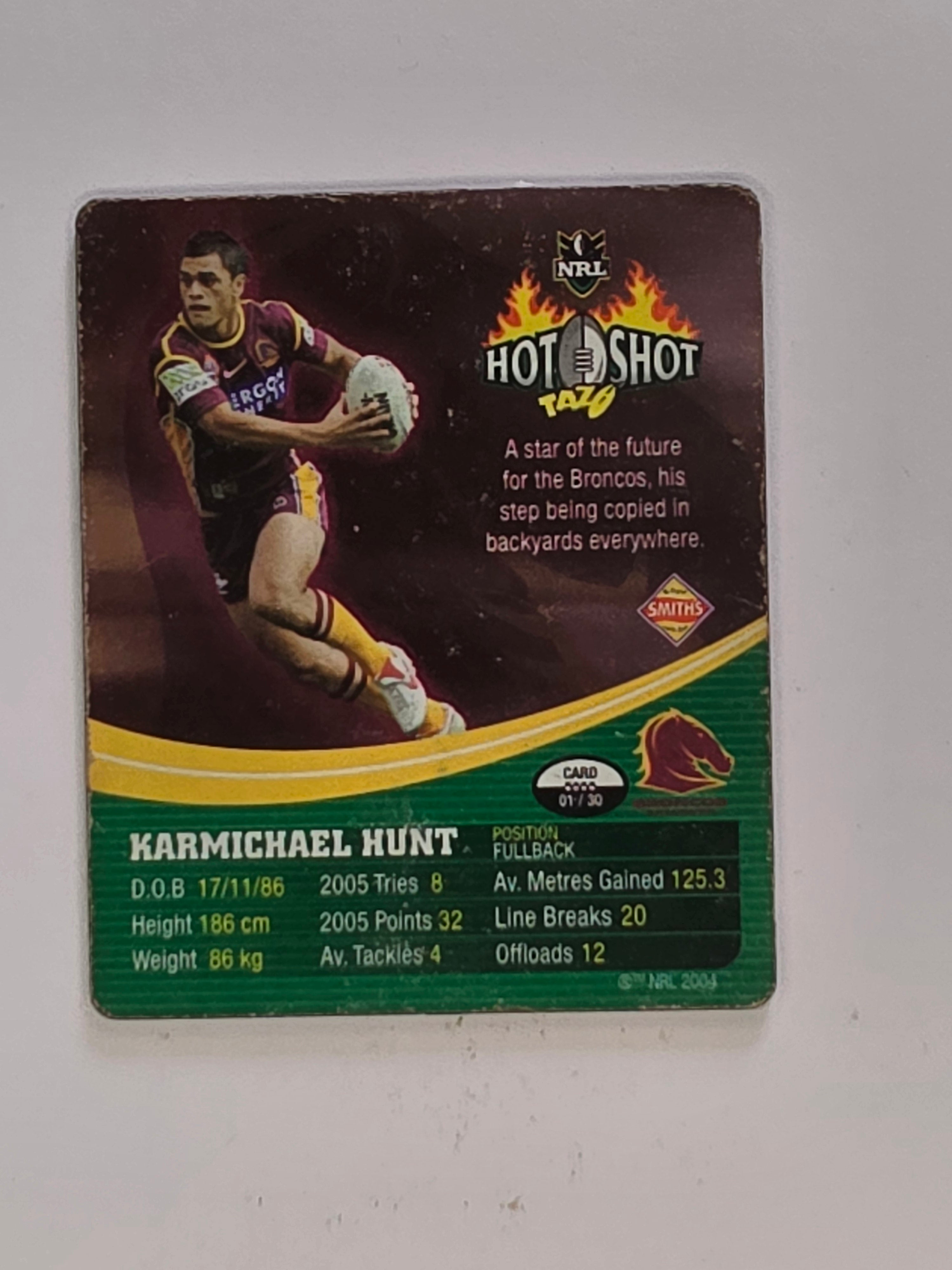 NRL 2006 Hot Shot Shattering 3D Tazos | #001 Karmichael Hunt | Brisbane Broncos