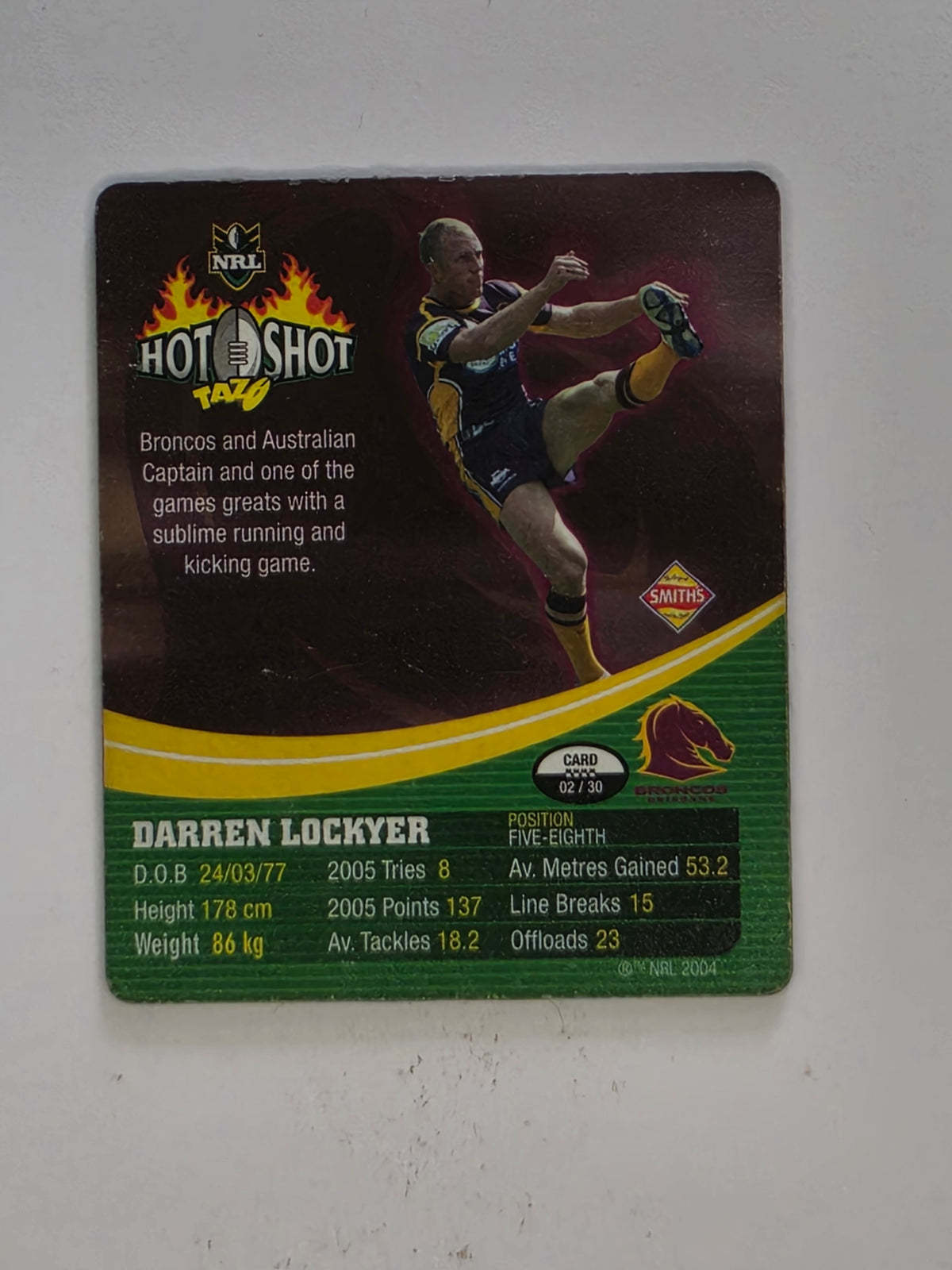 NRL 2006 Hot Shot Shattering 3D Tazos | #002 Darren Lockyer | Brisbane Broncos
