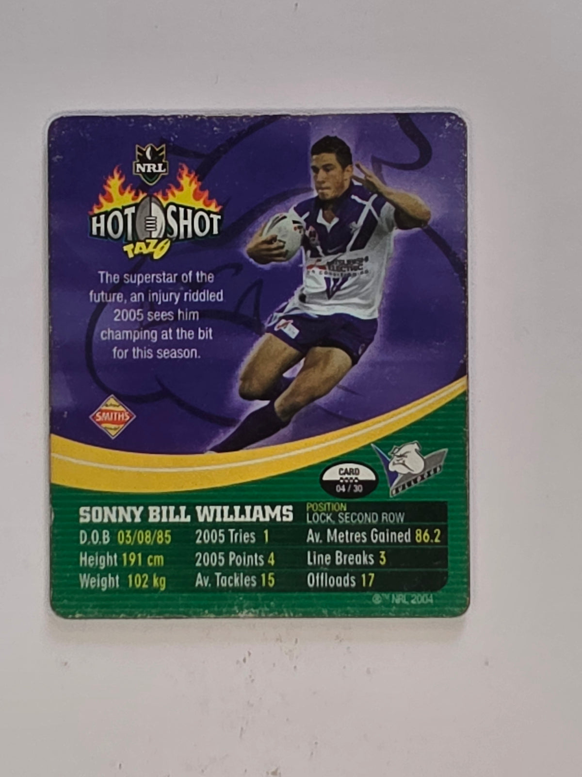 NRL 2006 Hot Shot Shattering 3D Tazos | #004 Sonny Bill Williams | Canterbury Bankstown Bulldogs