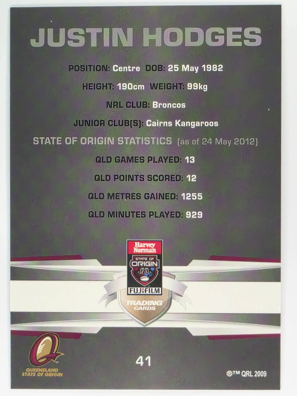 NRL 2012 Limited Edition Base Card #41 Justin Hodges State of Origin QLD