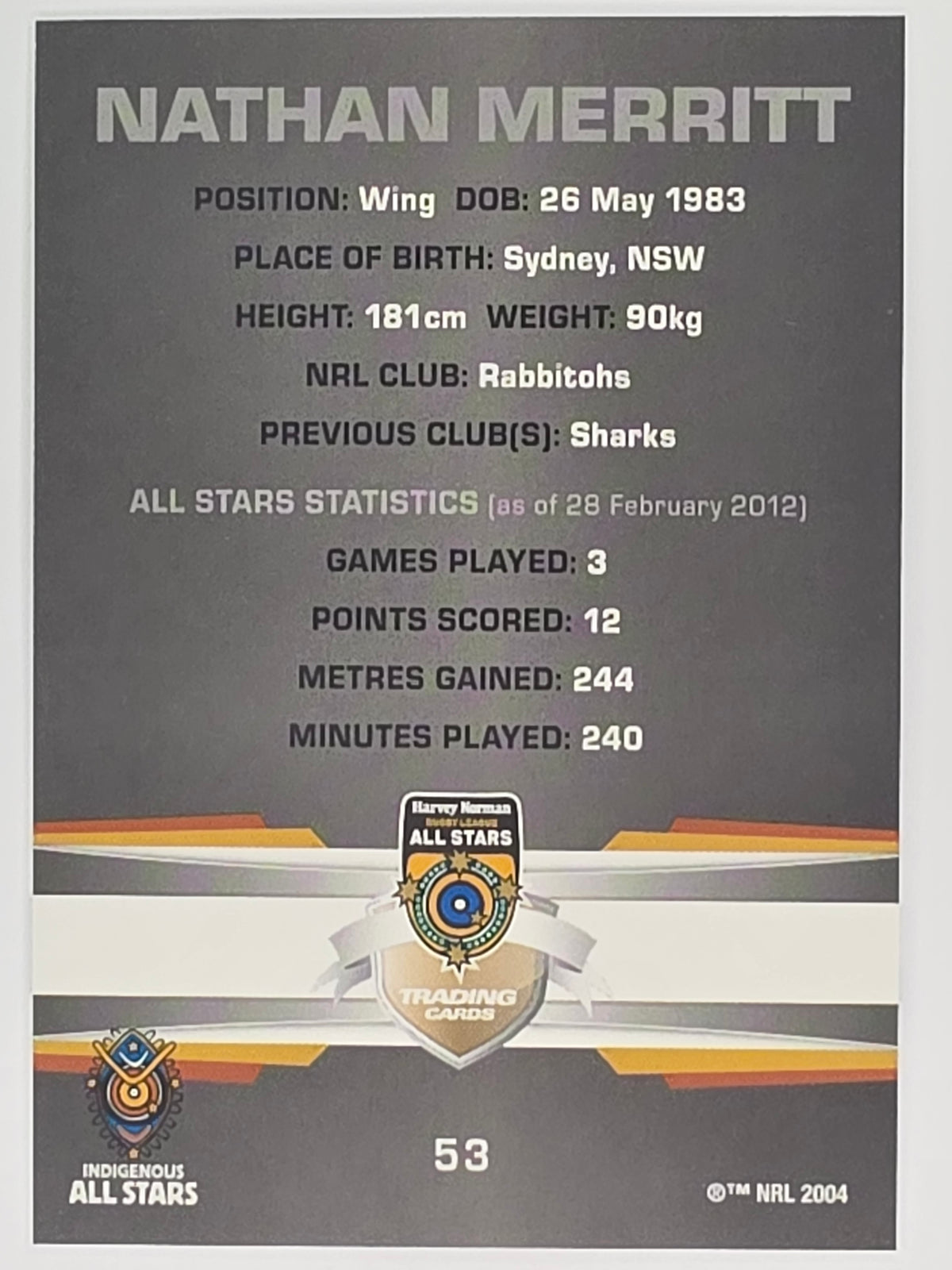 NRL 2012 Limited Edition Base Card #53 Nathan Merritt All Stars Indigenous