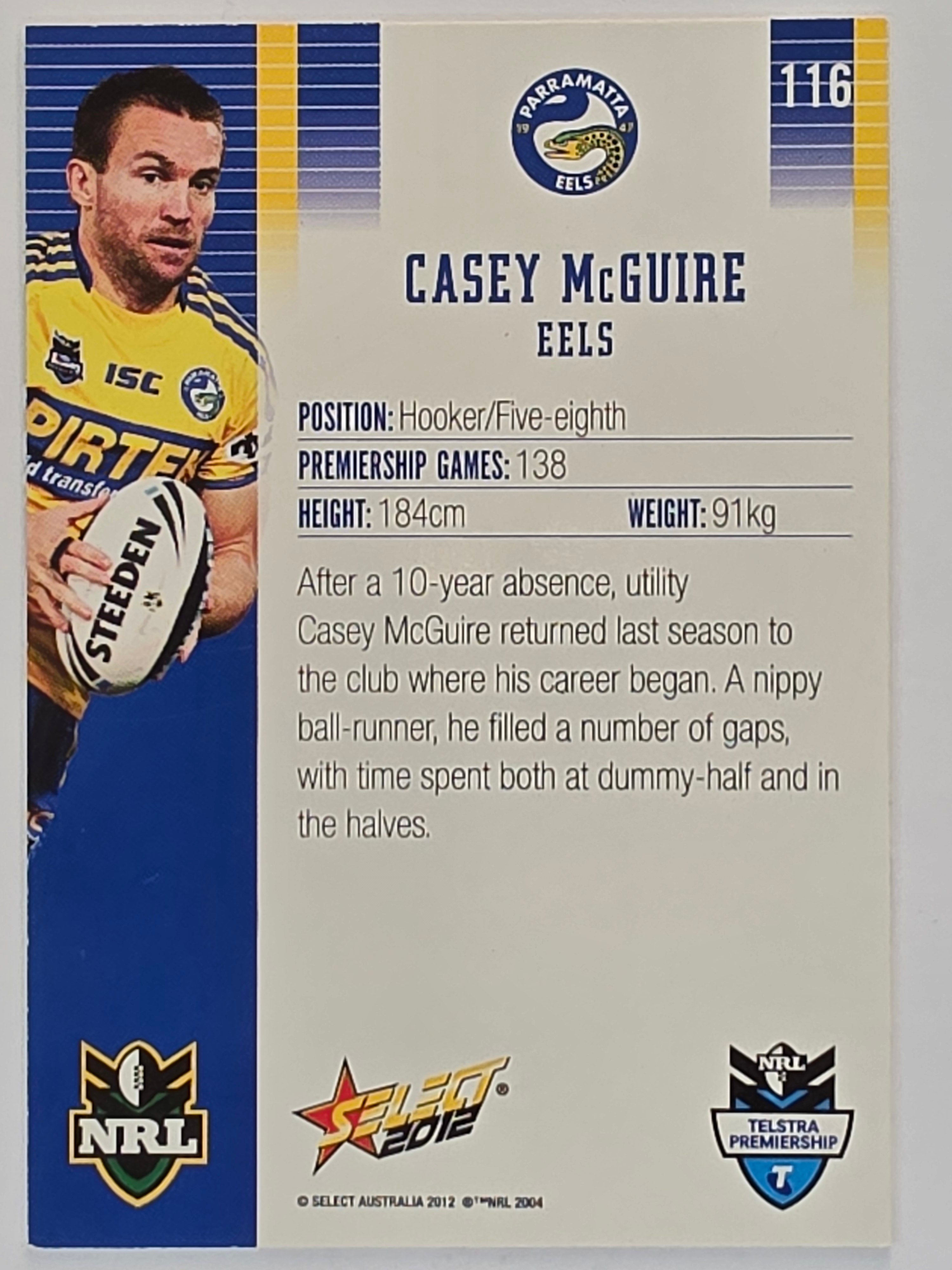 NRL 2012 Champions Base Card #116 Casey McGuire Parramatta Eels