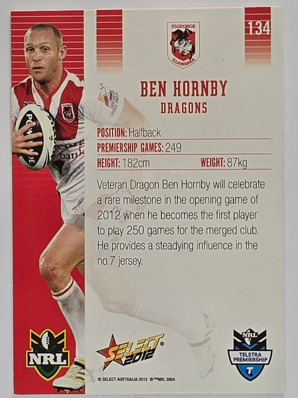 NRL 2012 Champions Base Card #134 Ben Hornby St George Illawarra Dragons