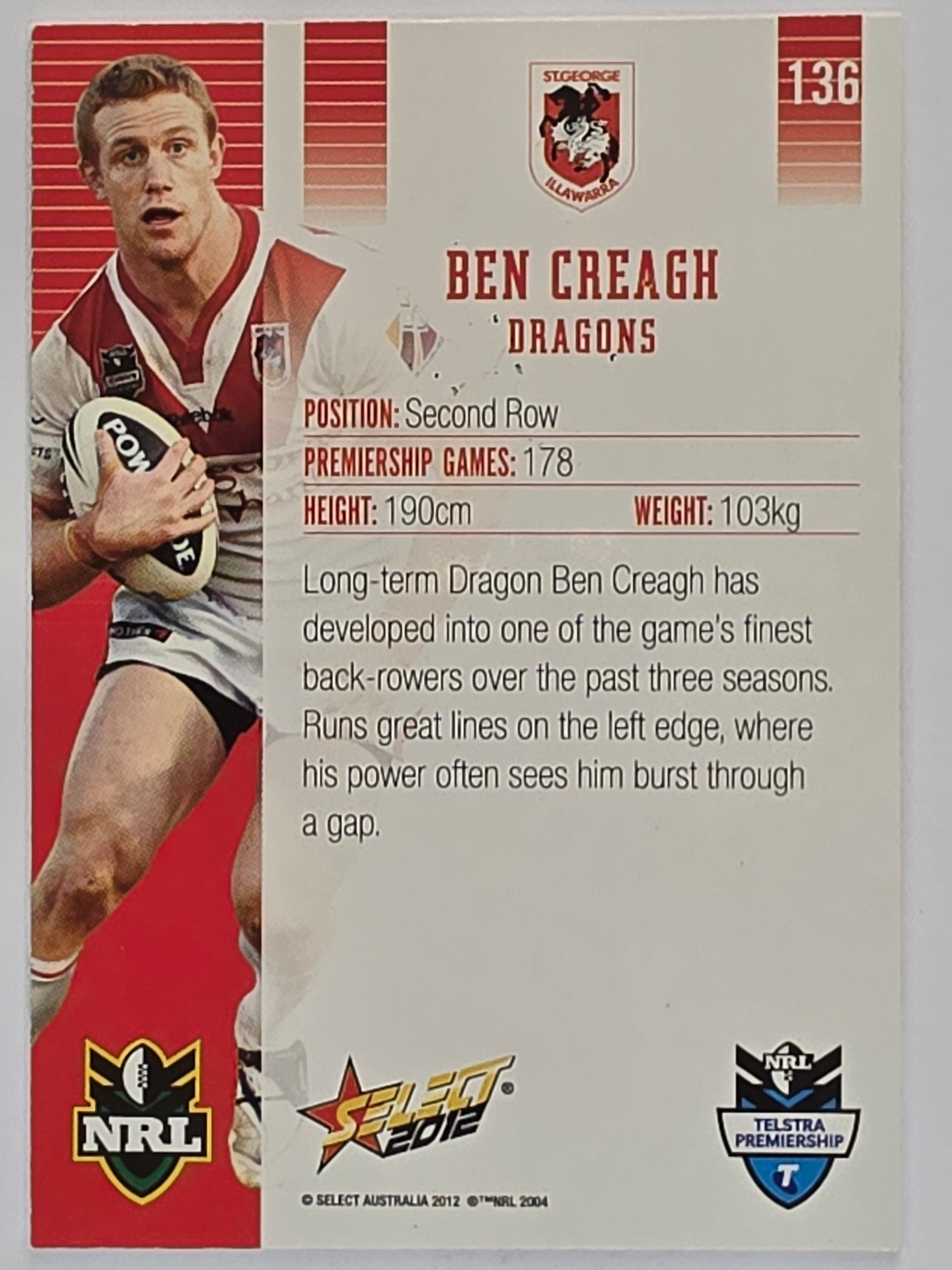 NRL 2012 Champions Base Card #136 Ben Creagh St George Illawarra Dragons