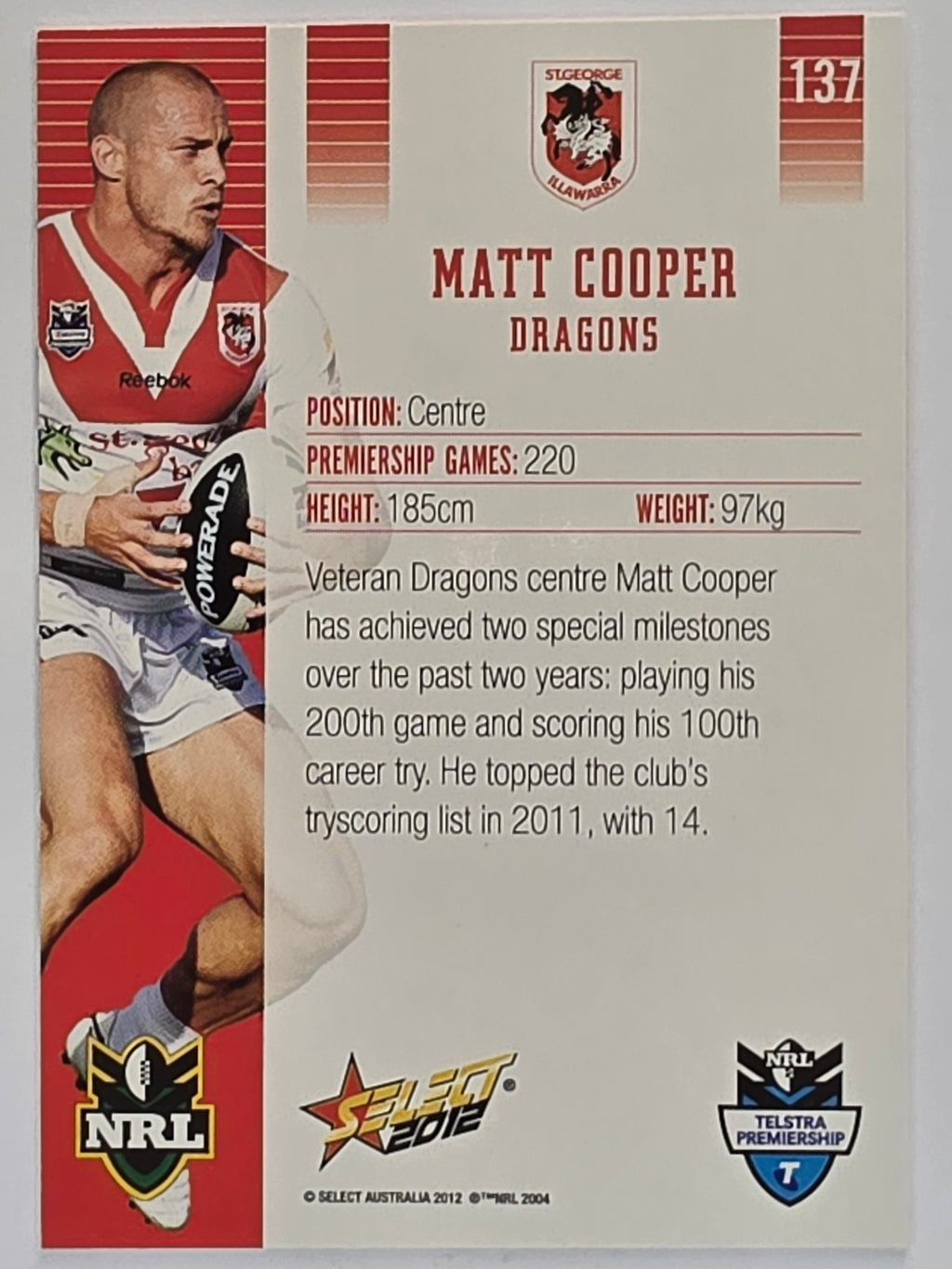 NRL 2012 Champions Base Card #137 Matt Cooper St George Illawarra Dragons