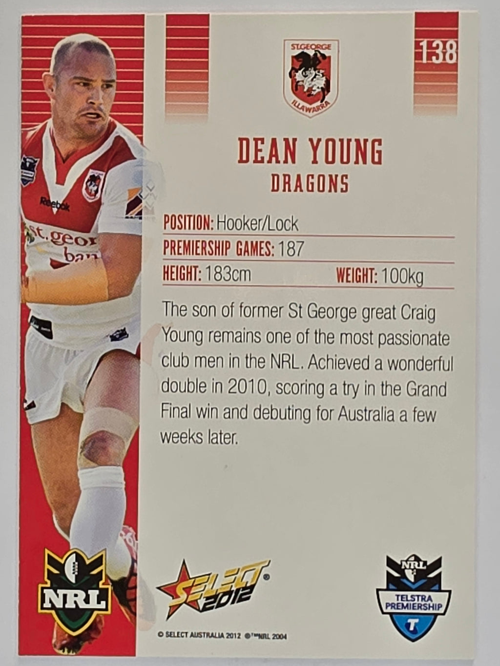 NRL 2012 Champions Base Card #138 Dean Young St George Illawarra Dragons