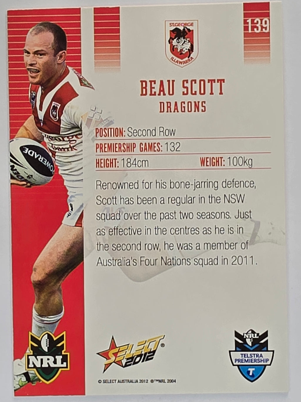 NRL 2012 Champions Base Card #139 Beau Scott St George Illawarra Dragons