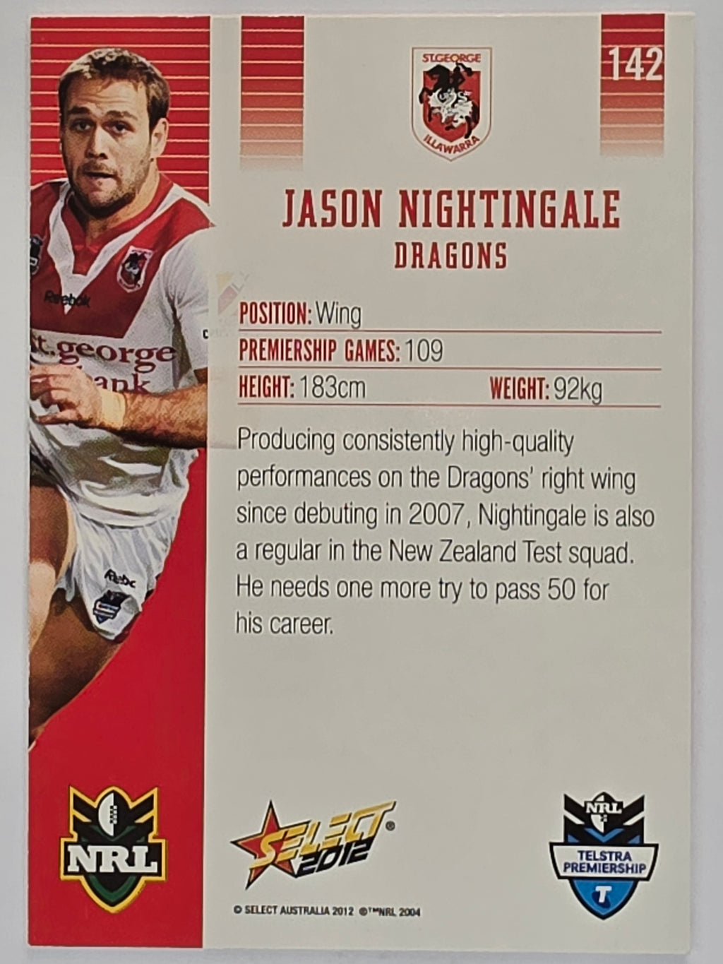 NRL 2012 Champions Base Card #142 Jason Nightingale St George Illawarra Dragons