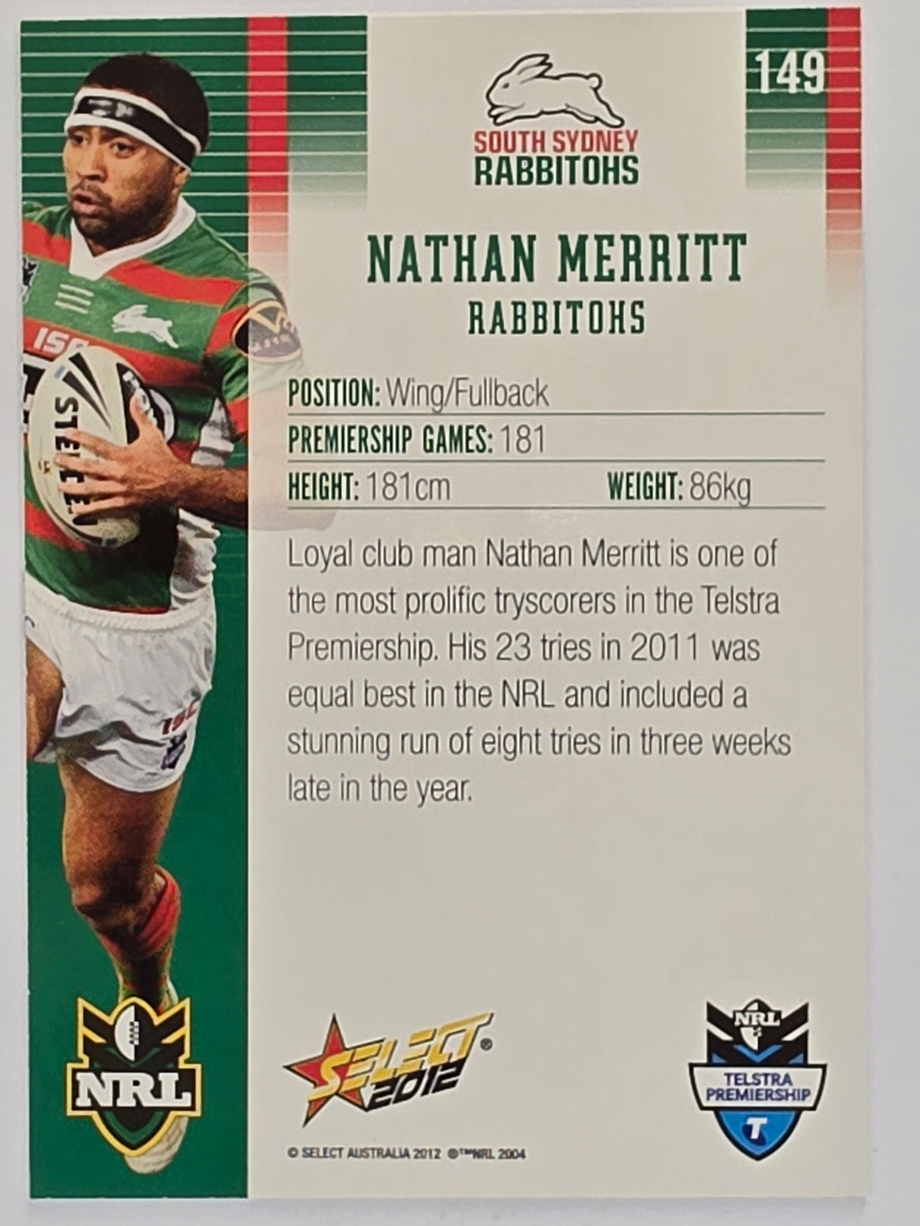 NRL 2012 Champions Base Card #149 Nathan Merritt South Sydney Rabbitohs