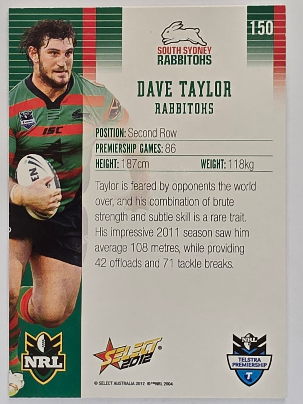 NRL 2012 Champions Base Card #150 Dave Taylor South Sydney Rabbitohs