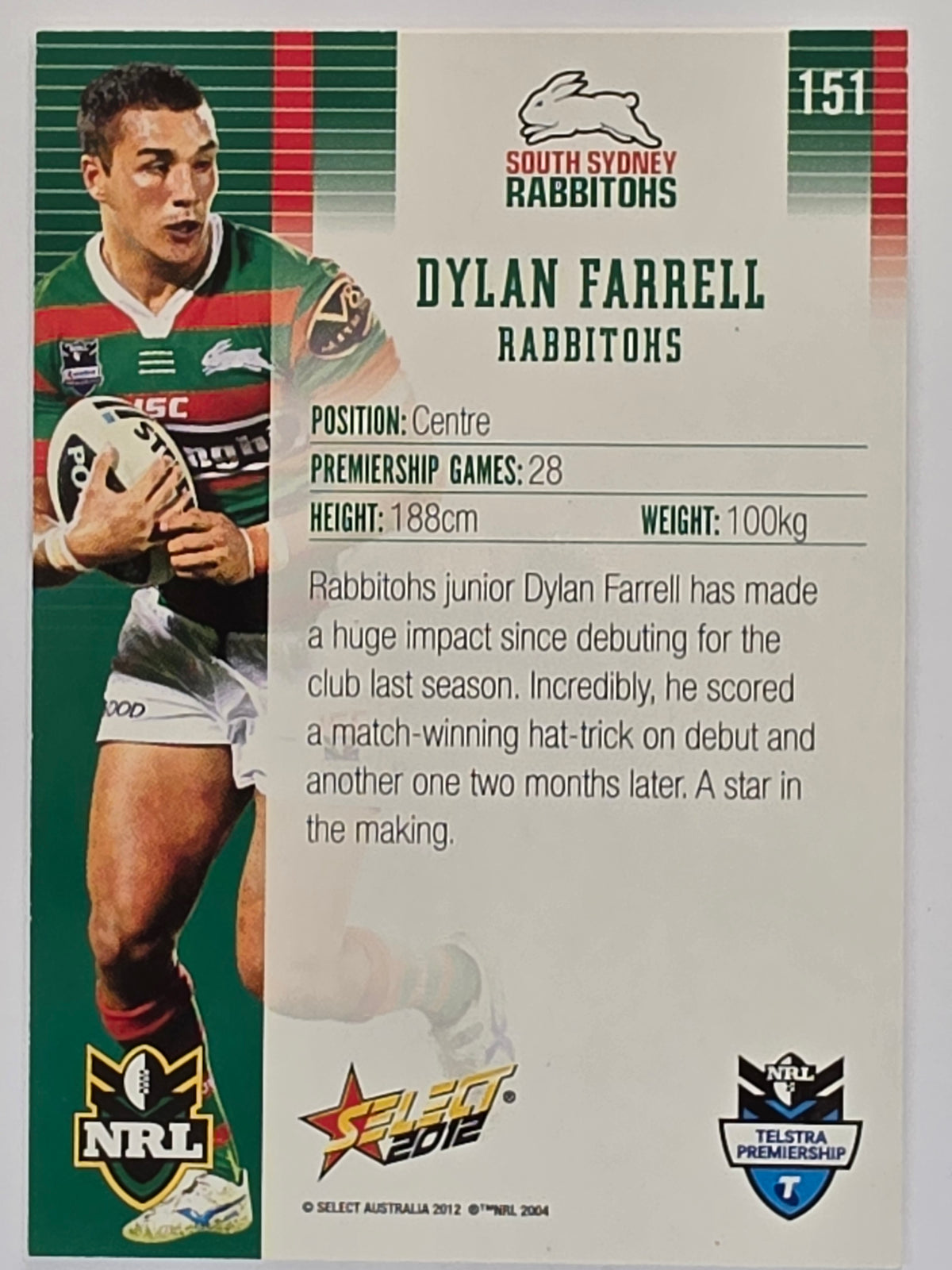 NRL 2012 Champions Base Card #151 Dylan Farrell South Sydney Rabbitohs