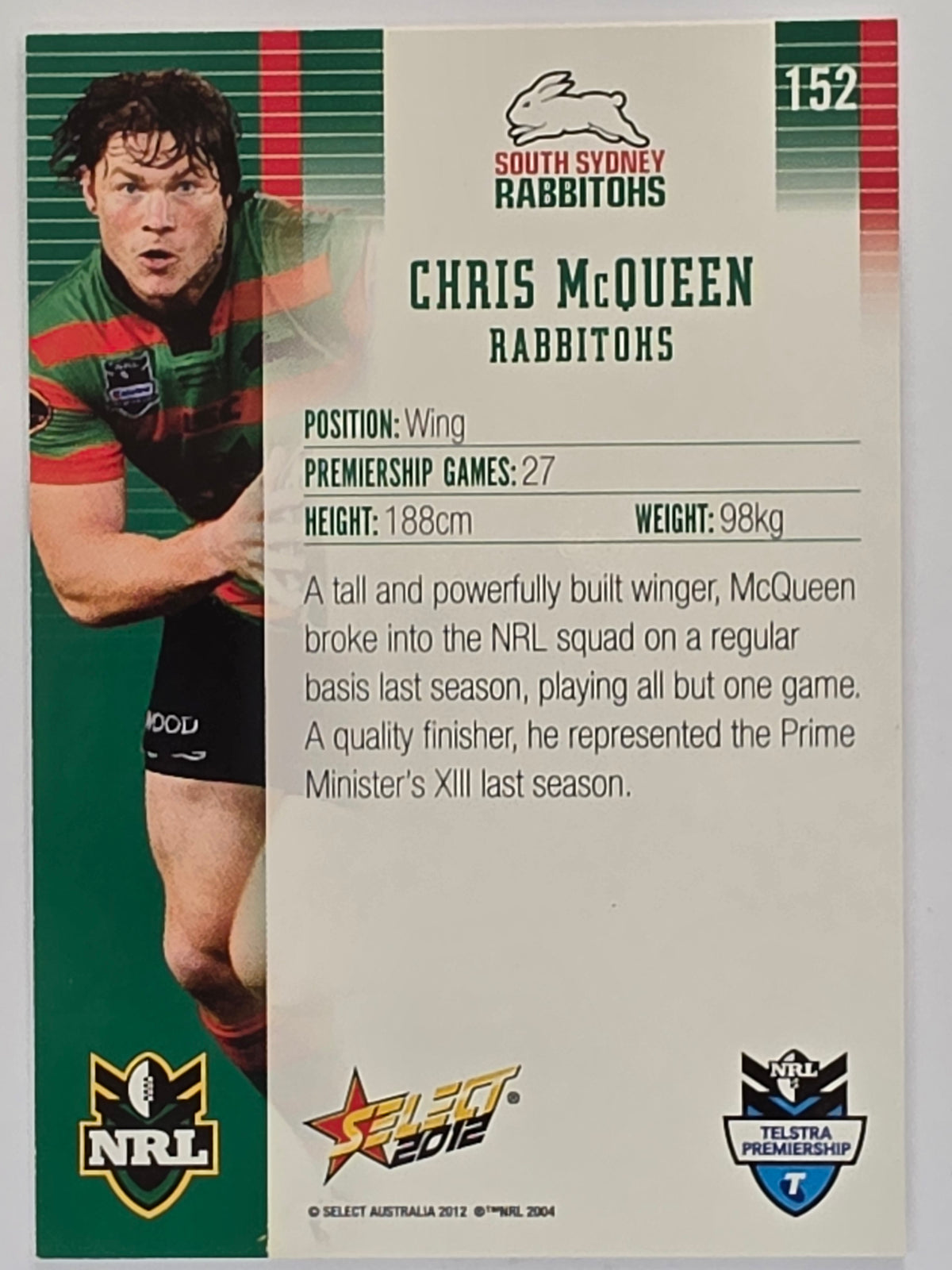 NRL 2012 Champions Base Card #152 Chris McQueen South Sydney Rabbitohs