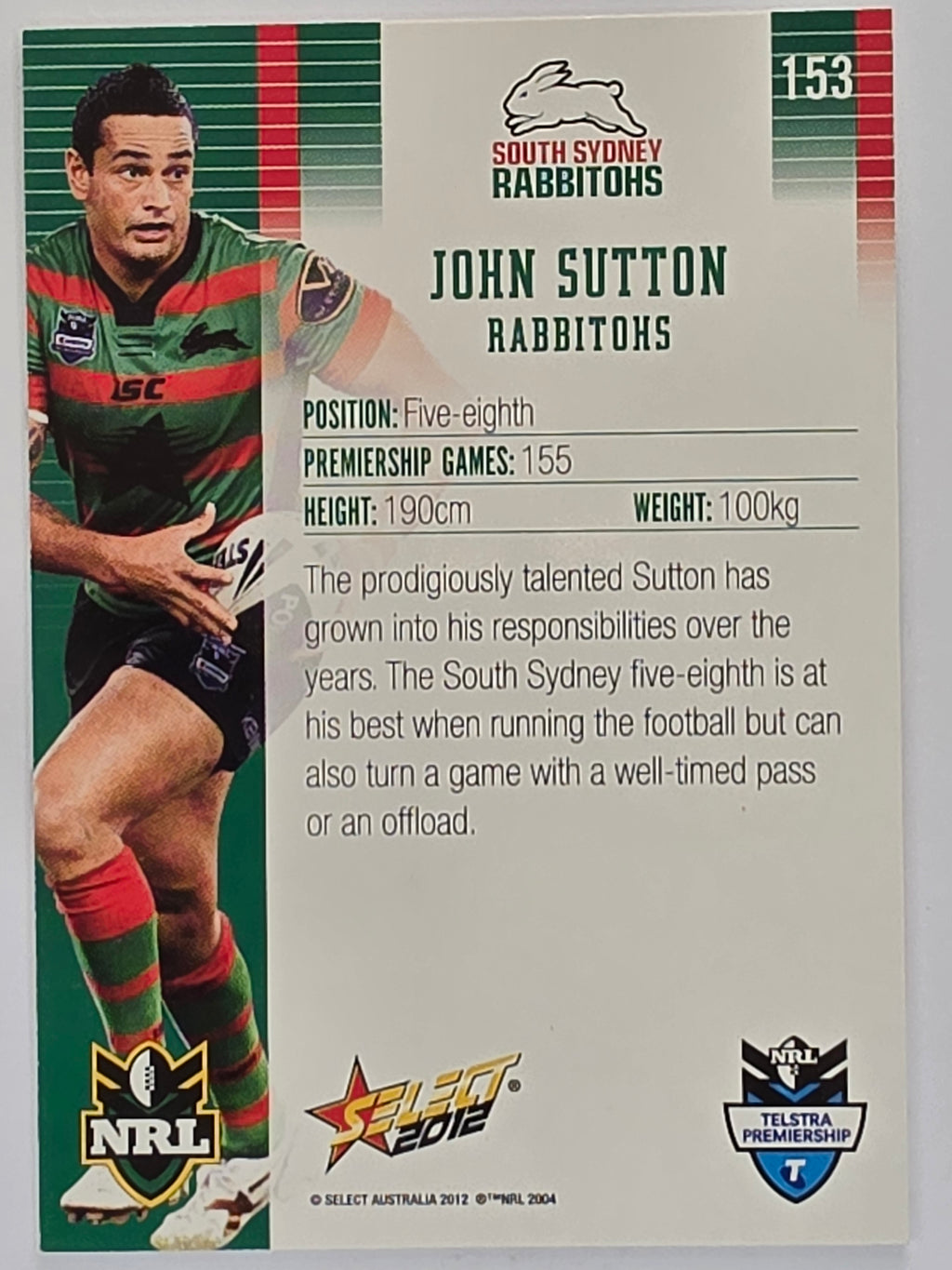 NRL 2012 Champions Base Card #153 John Sutton South Sydney Rabbitohs